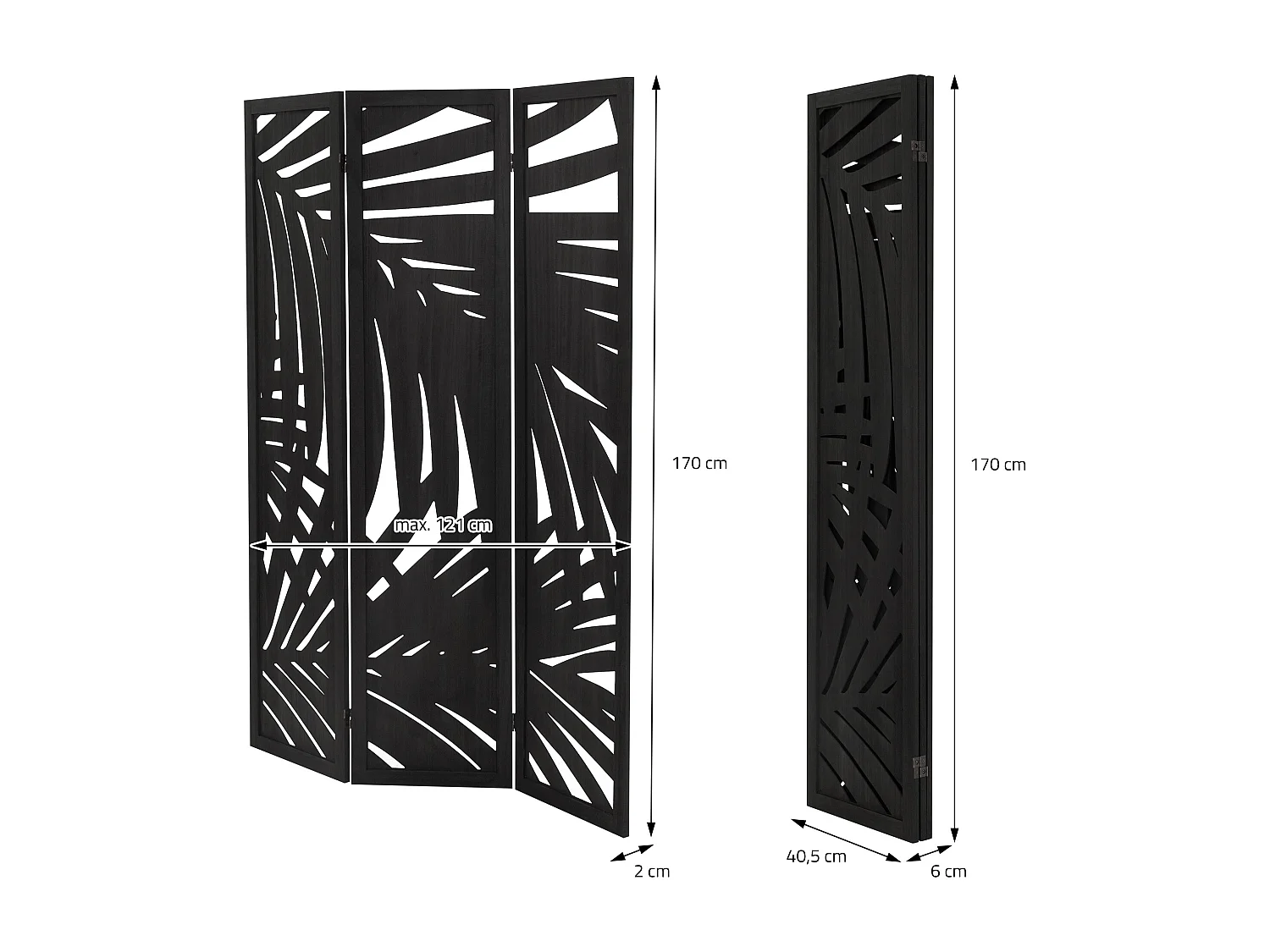 Paravent intérieur Sapporo 170x121 cm noir en bois à 3 panneaux pliable cloison de séparation écran diviseur protection visuelle séparateur de pièce