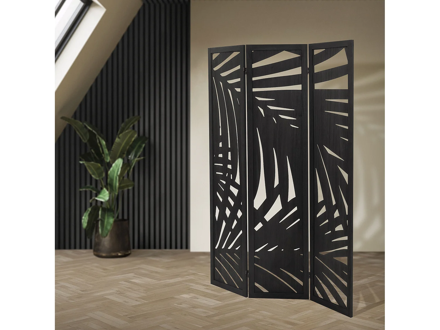 Paravent intérieur Sapporo 170x121 cm noir en bois à 3 panneaux pliable cloison de séparation écran diviseur protection visuelle séparateur de pièce