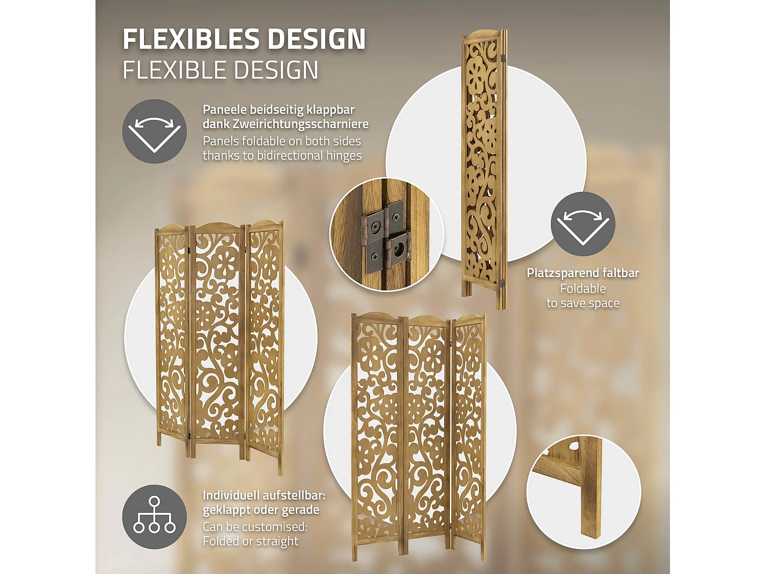 Paravent intérieur Yokohama 172x121 cm naturel en bois à 3 panneaux pliable cloison de séparation écran diviseur protection visuelle séparateur pièce