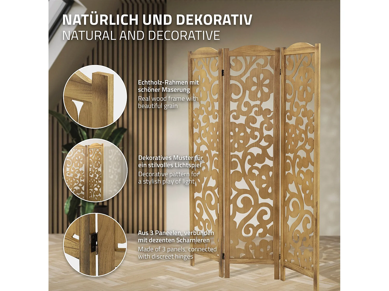 Paravent intérieur Yokohama 172x121 cm naturel en bois à 3 panneaux pliable cloison de séparation écran diviseur protection visuelle séparateur pièce