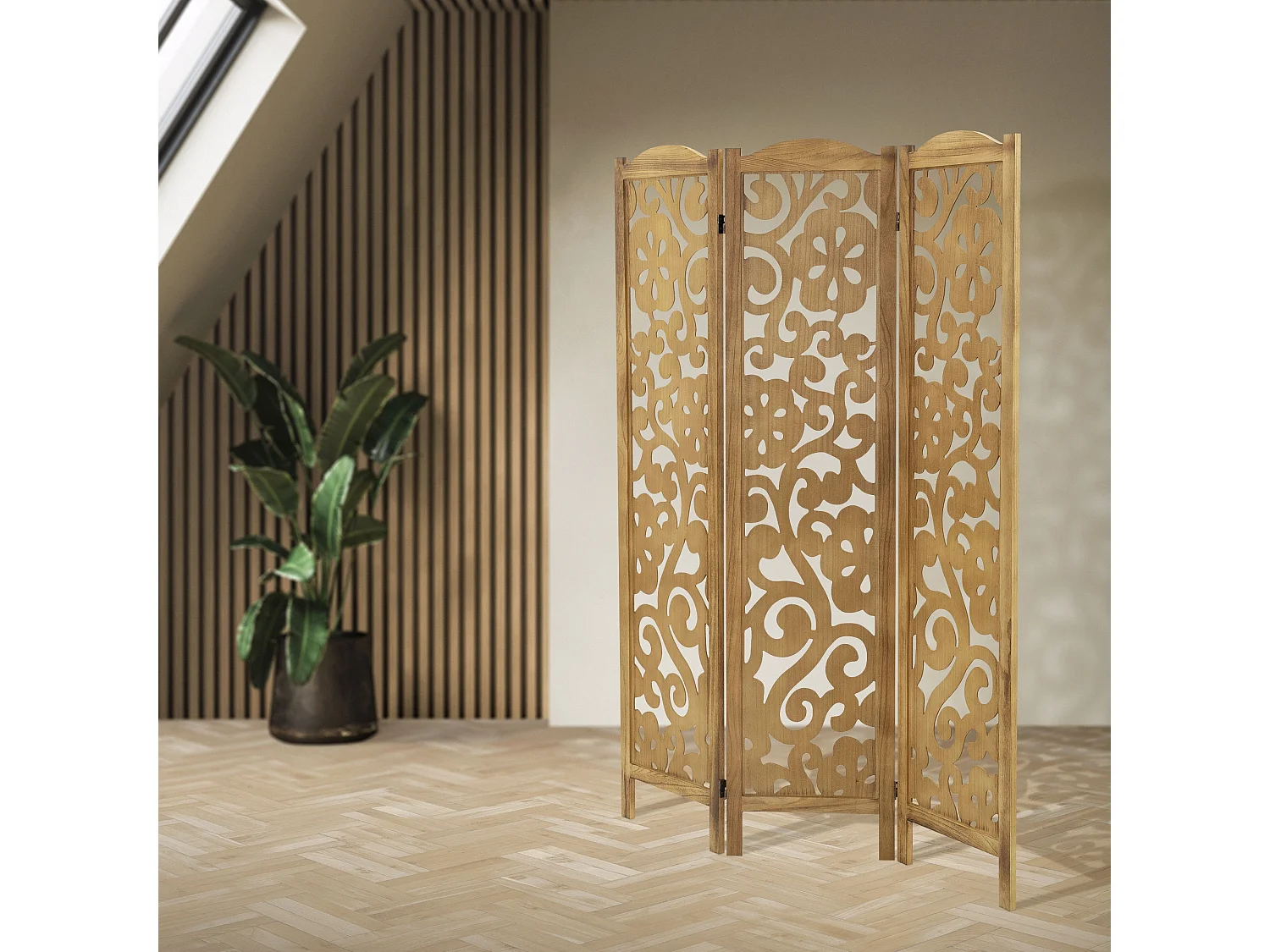 Paravent intérieur Yokohama 172x121 cm naturel en bois à 3 panneaux pliable cloison de séparation écran diviseur protection visuelle séparateur pièce