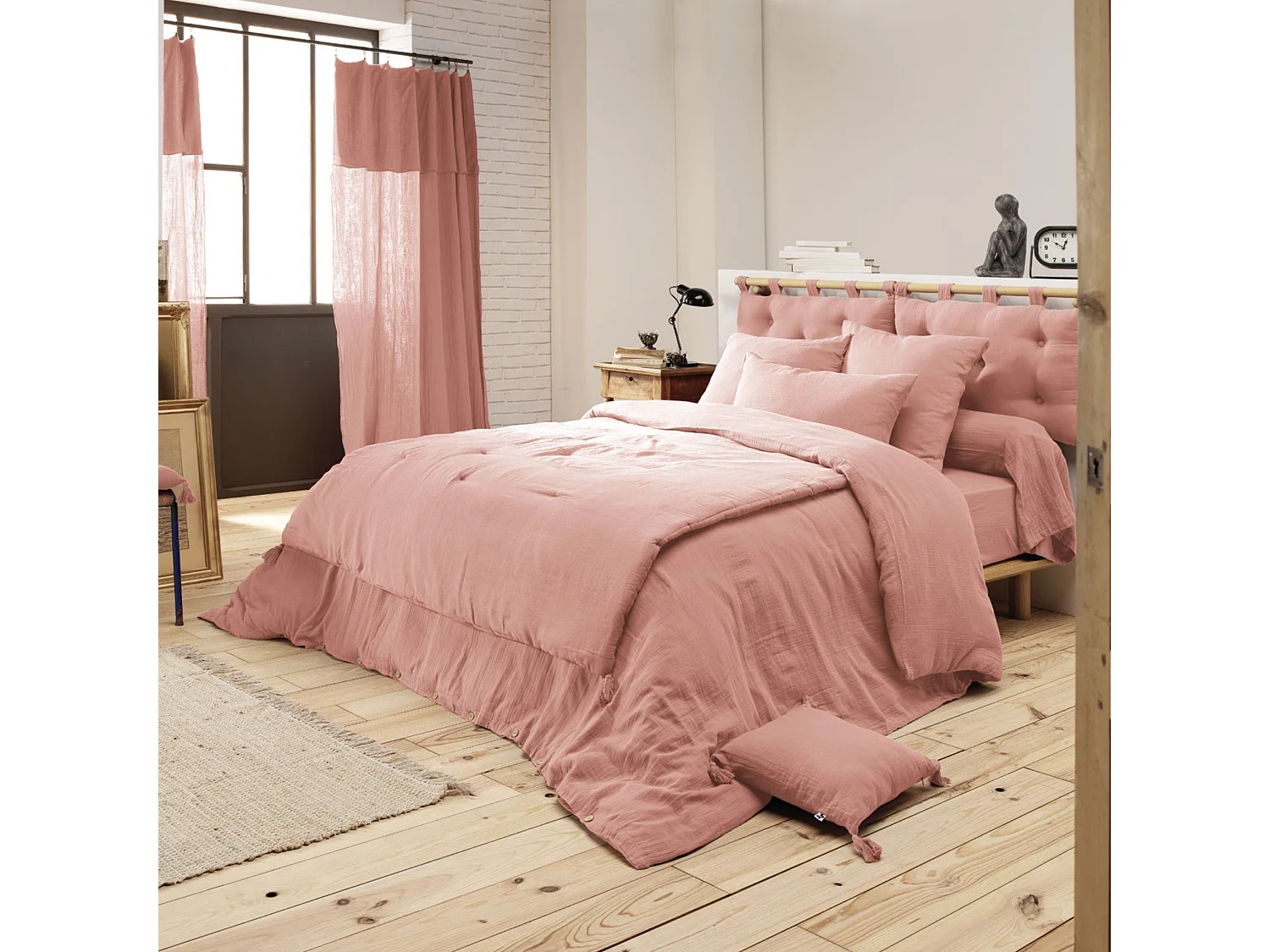 Housse de couette double gaze de coton rose pêche 200x200 cm