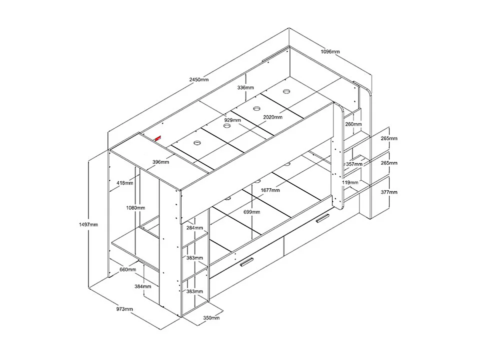 Lits superposés 2 x 90 x 200 cm avec rangements et penderie - Blanc et naturel - OSANA