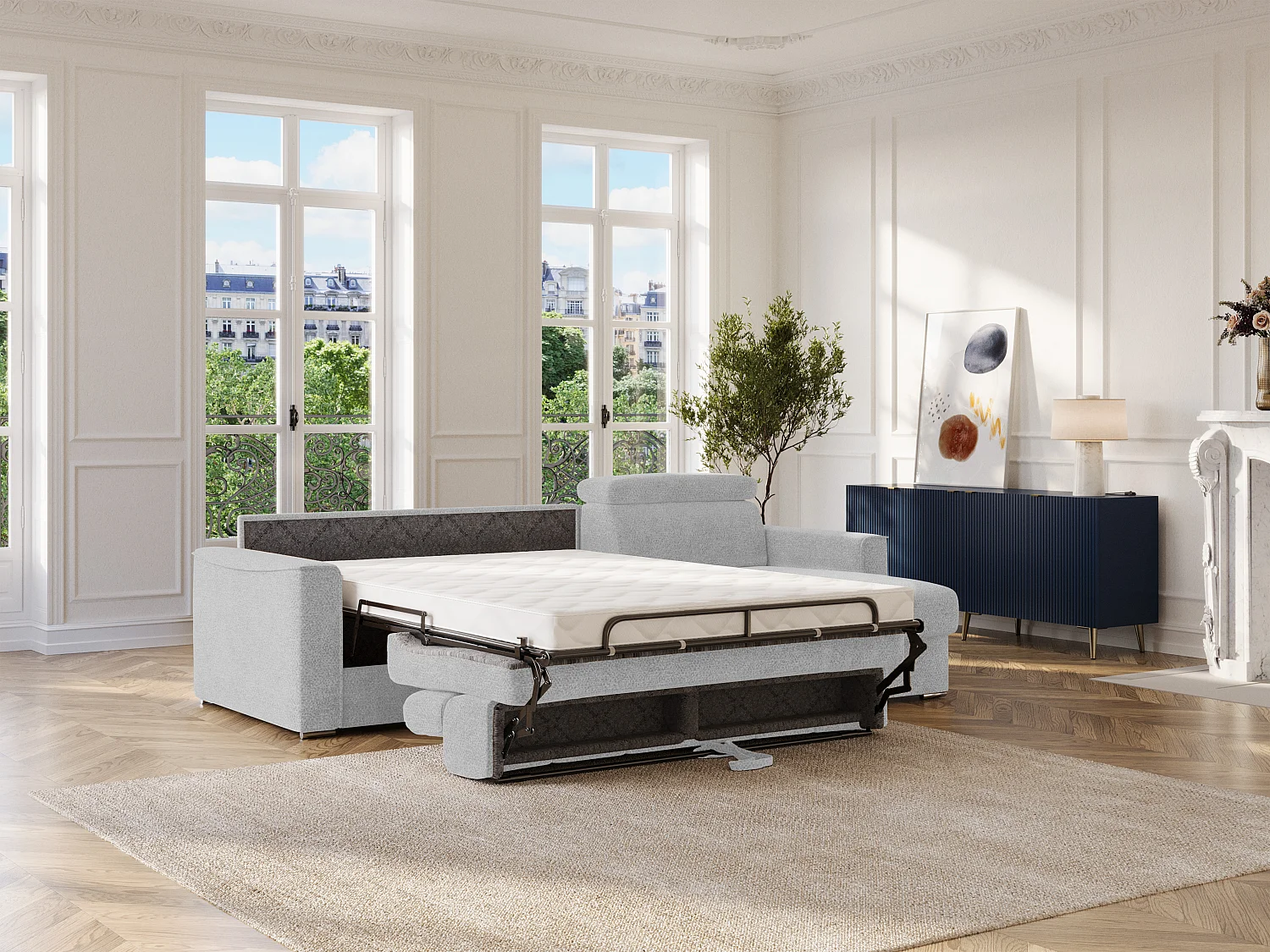 Canapé d'angle réversible convertible express en tissu chenille gris clair - Couchage à lattes larges 140 cm - Matelas 14 cm VIZIR