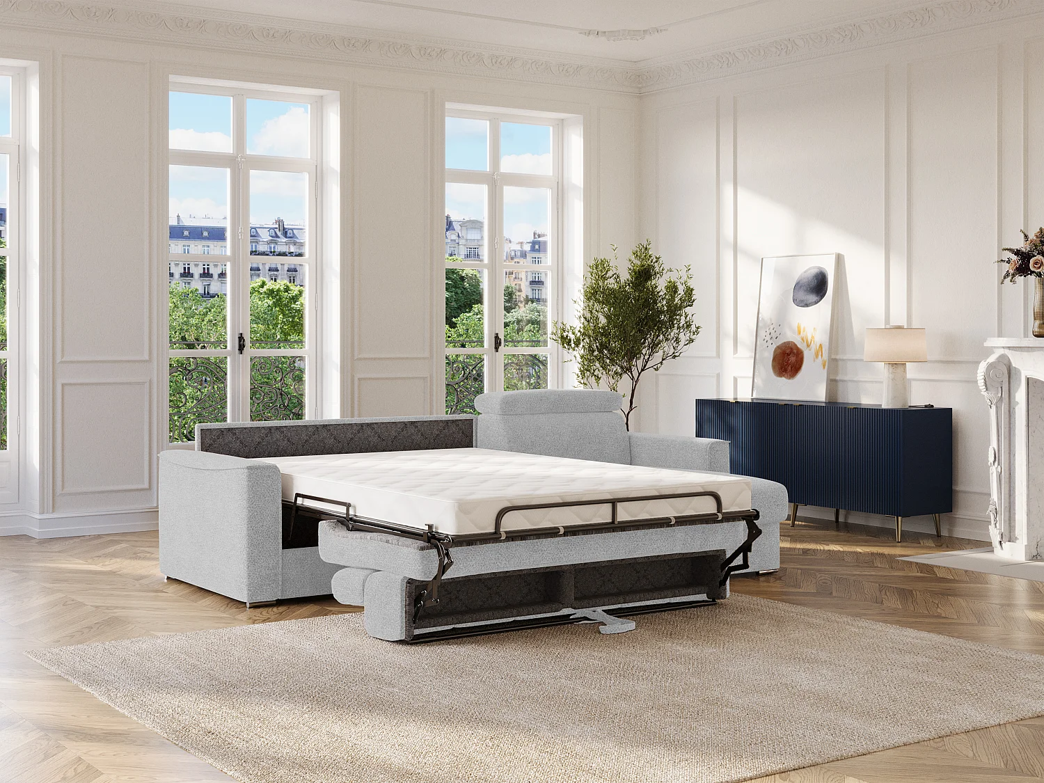 Canapé d'angle réversible convertible express en tissu chenille gris clair - Couchage à lattes larges 160 cm - Matelas 18 cm VIZIR