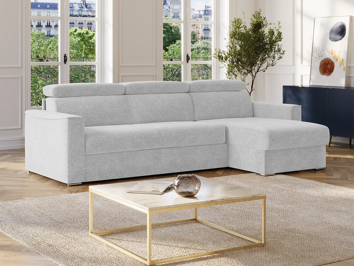 Canapé d'angle réversible convertible express en tissu chenille gris clair - Couchage 160 cm - Matelas 22 cm mémoire de forme VIZIR