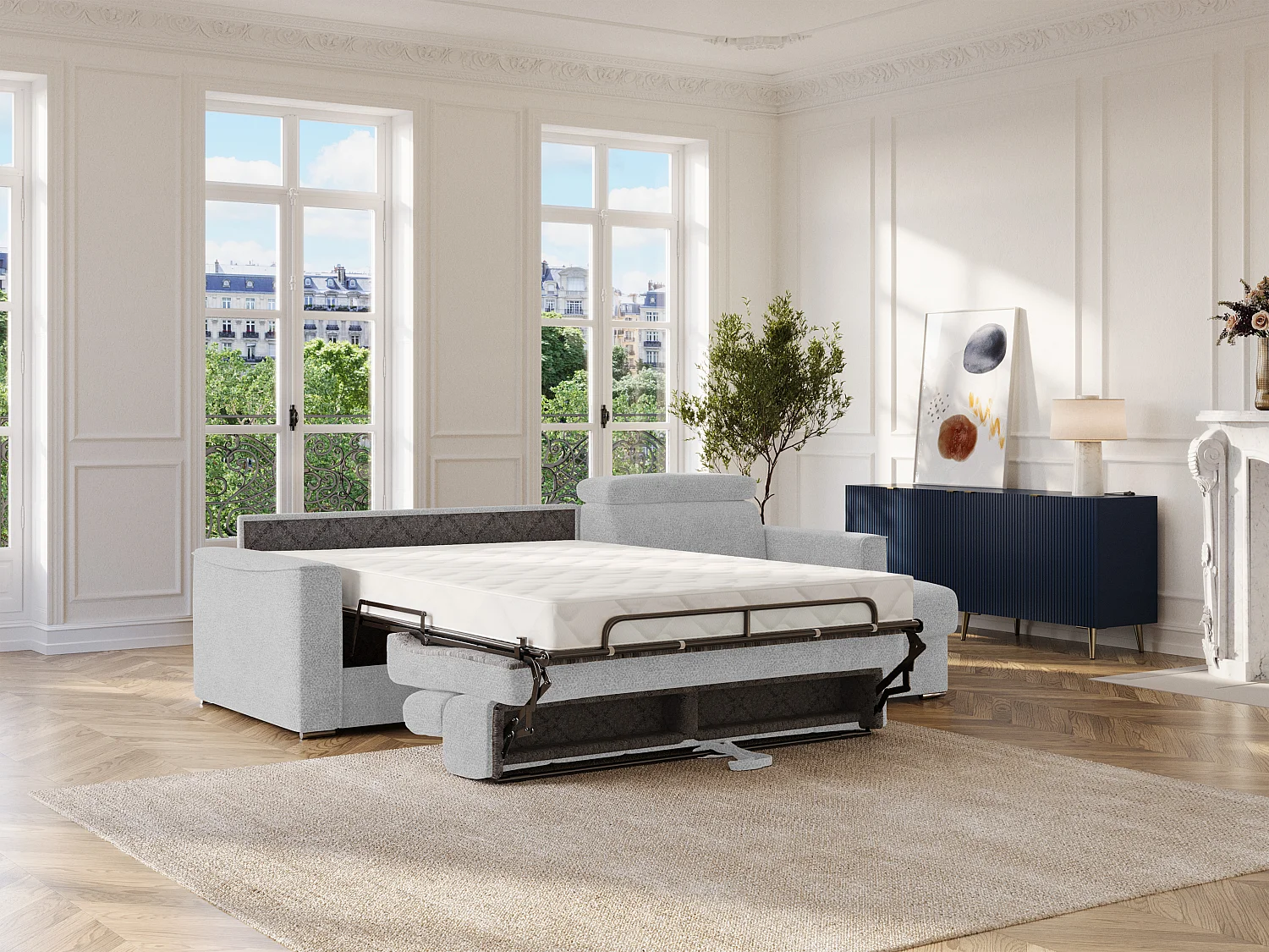 Canapé d'angle réversible convertible express en tissu chenille gris clair - Couchage 160 cm - Matelas 22 cm mémoire de forme VIZIR