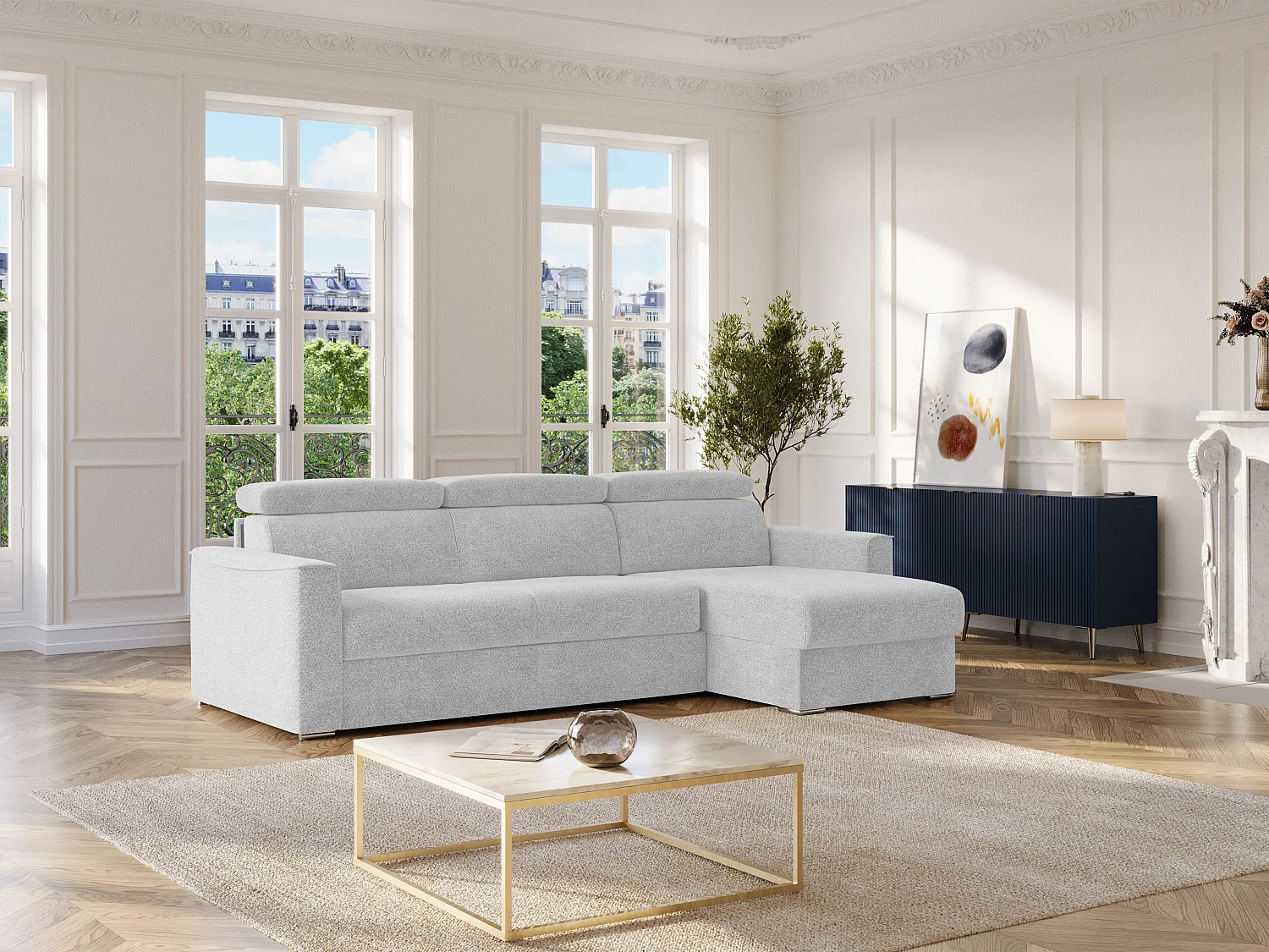 Canapé d'angle réversible convertible express en tissu chenille gris clair - Couchage à lattes larges 160 cm - Matelas 22 cm mémoire de forme VIZIR