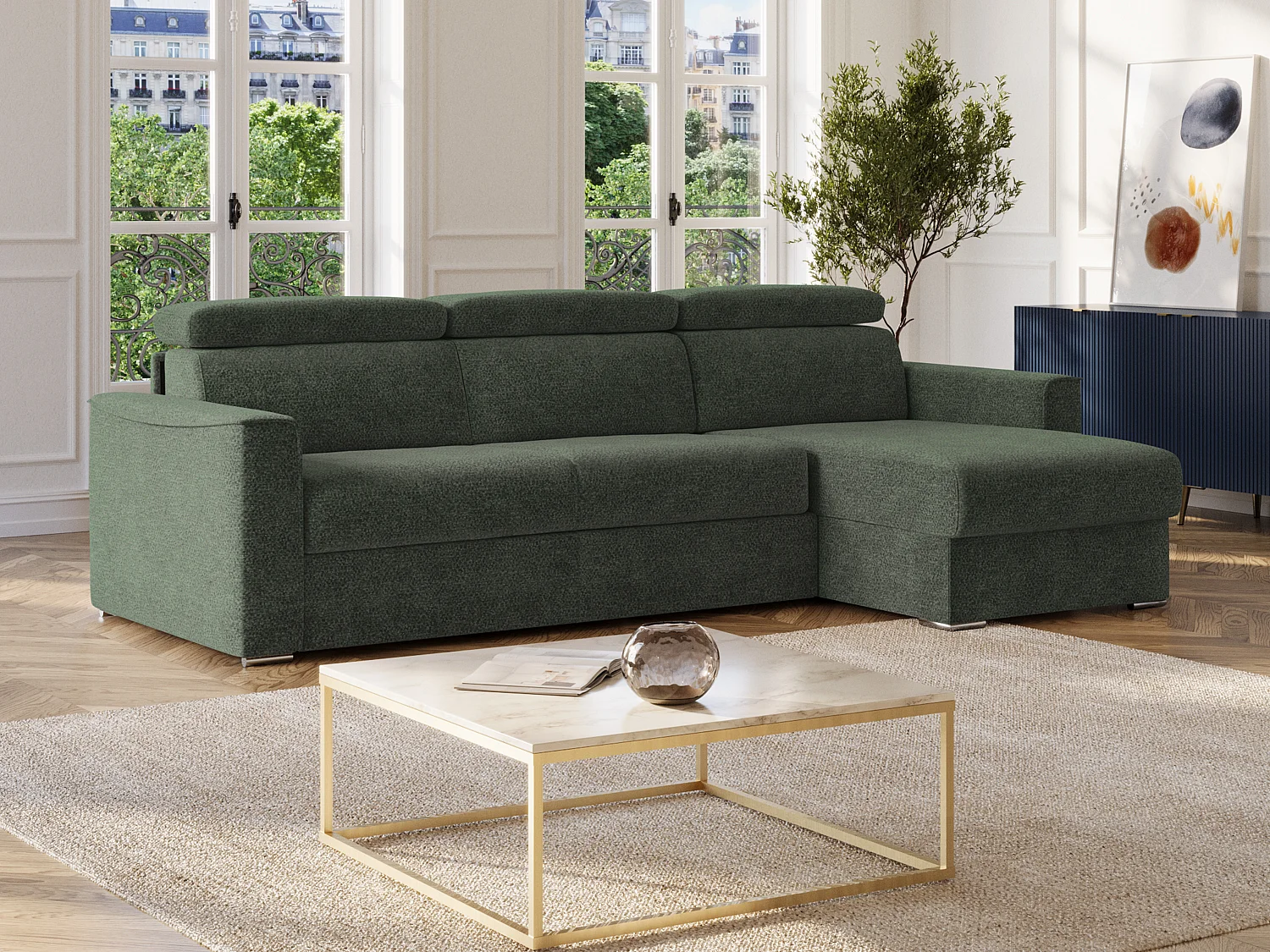 Sofá de canto reversível conversível abertura rápida em tecido chenille verde - Cama 140 cm - Colchão 22 cm de espuma viscoelástica VIZIR