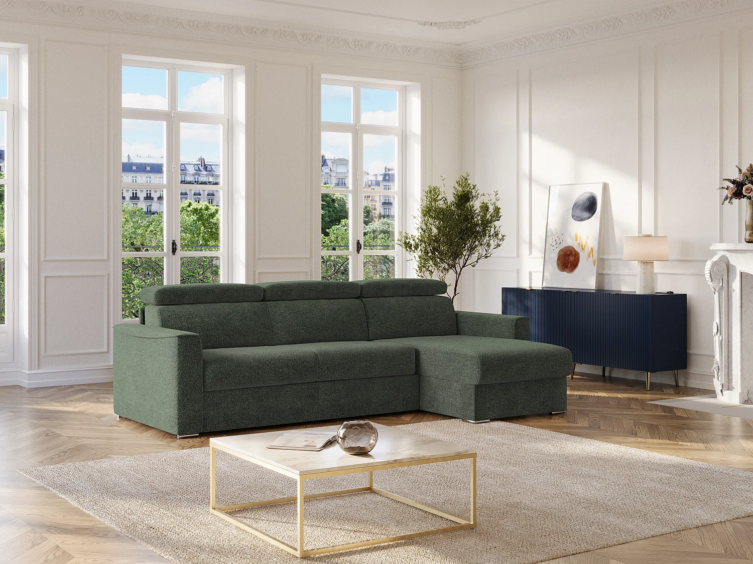 Canapé d'angle réversible convertible express en tissu chenille vert - Couchage à lattes larges 160 cm - Matelas 18 cm VIZIR