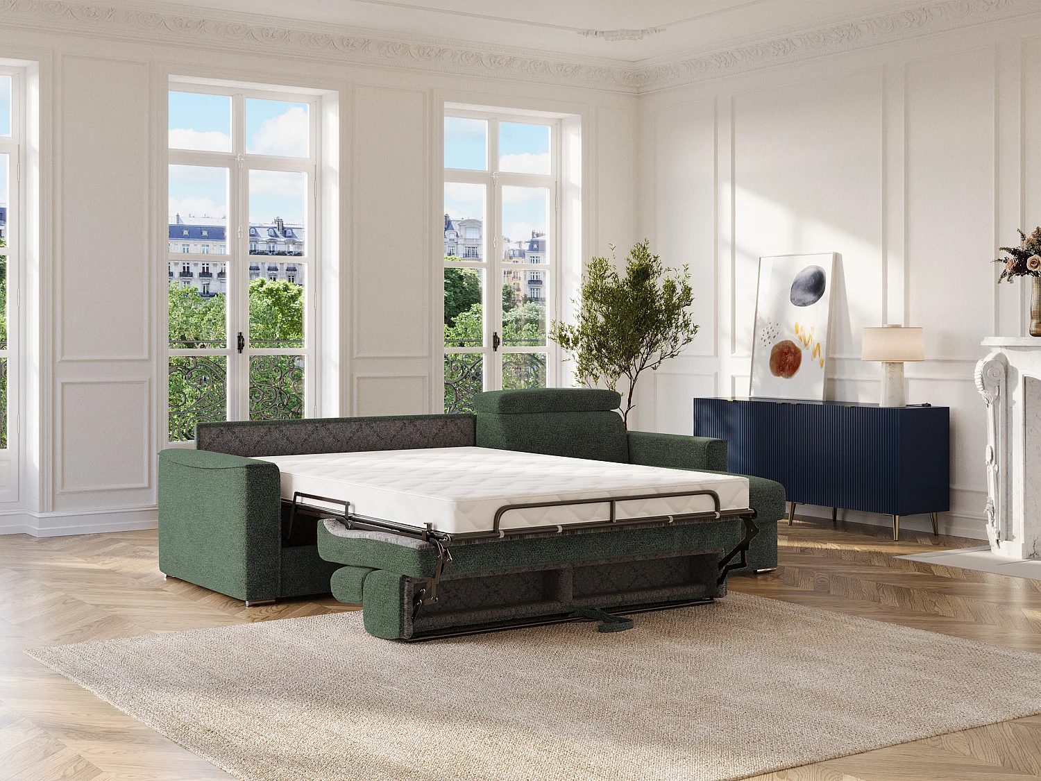 Canapé d'angle réversible convertible express en tissu chenille vert - Couchage à lattes larges 160 cm - Matelas 18 cm VIZIR