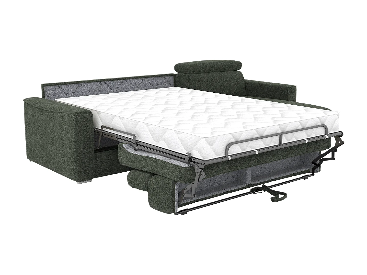 Canapé d'angle réversible convertible express en tissu chenille vert - Couchage à lattes larges 160 cm - Matelas 22 cm mémoire de forme VIZIR