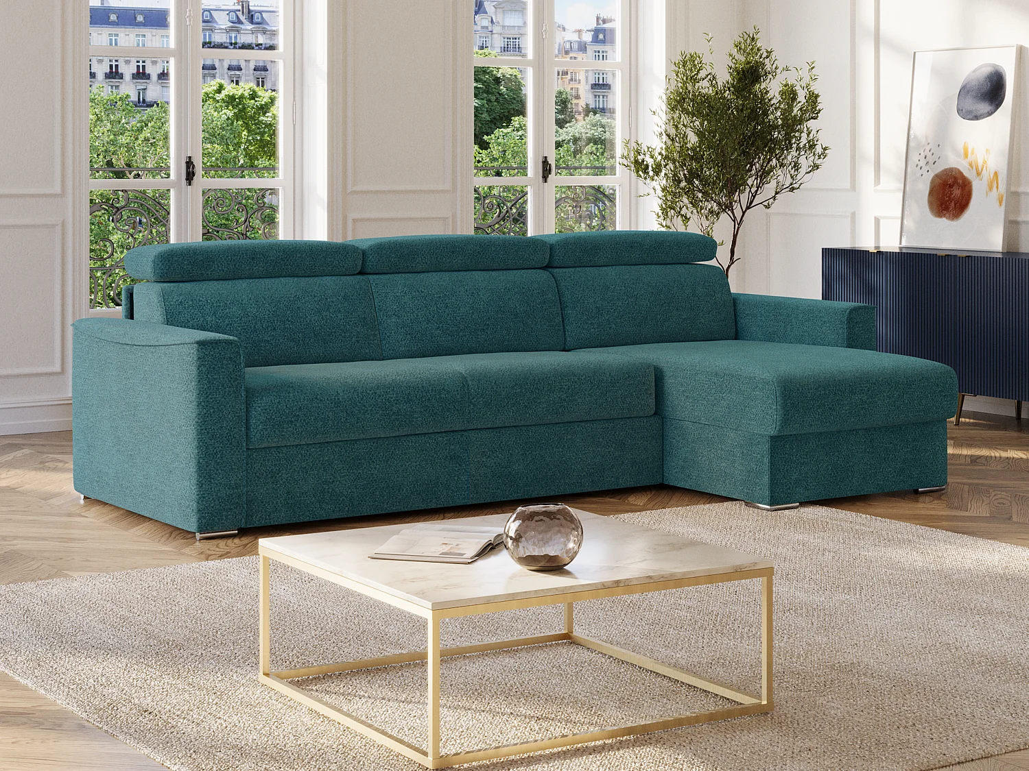 Canapé d'angle réversible convertible express en tissu chenille bleu canard - Couchage 140 cm - Matelas 14 cm VIZIR