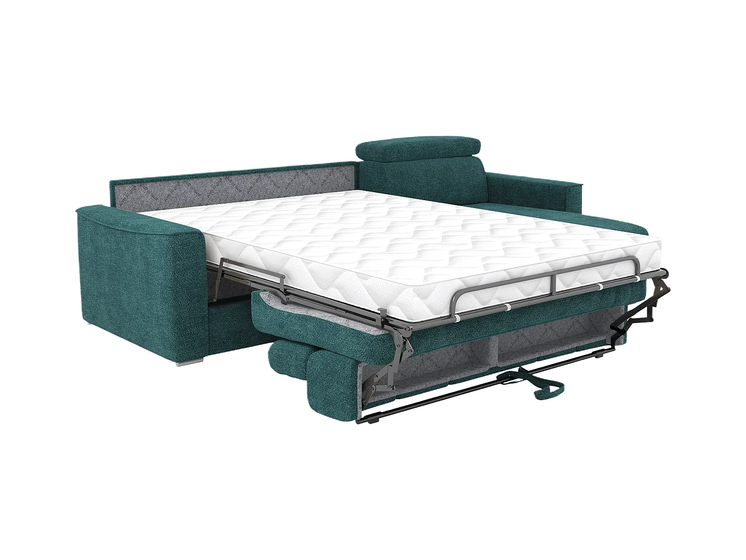 Canapé d'angle réversible convertible express en tissu chenille bleu canard - Couchage 140 cm - Matelas 18 cm VIZIR