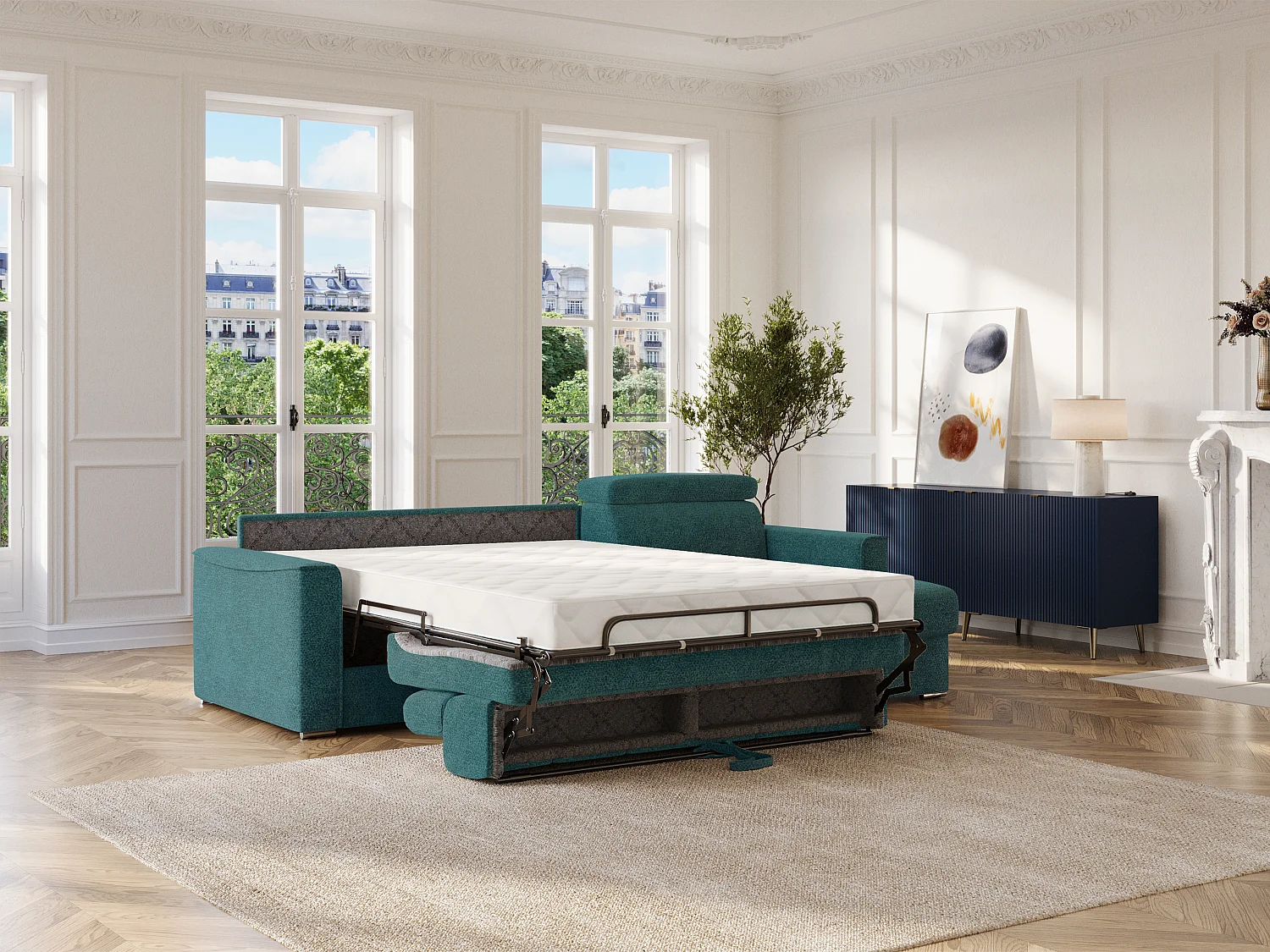 Canapé d'angle réversible convertible express en tissu chenille bleu canard - Couchage 140 cm - Matelas 22 cm mémoire de forme VIZIR