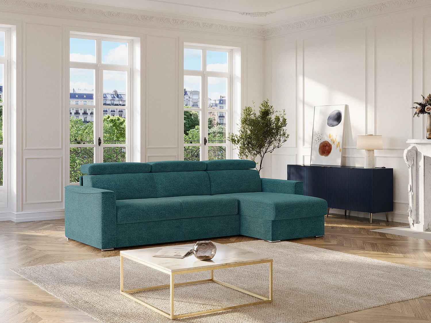 Canapé d'angle réversible convertible express en tissu chenille bleu canard - Couchage à lattes larges 160 cm - Matelas 14 cm VIZIR