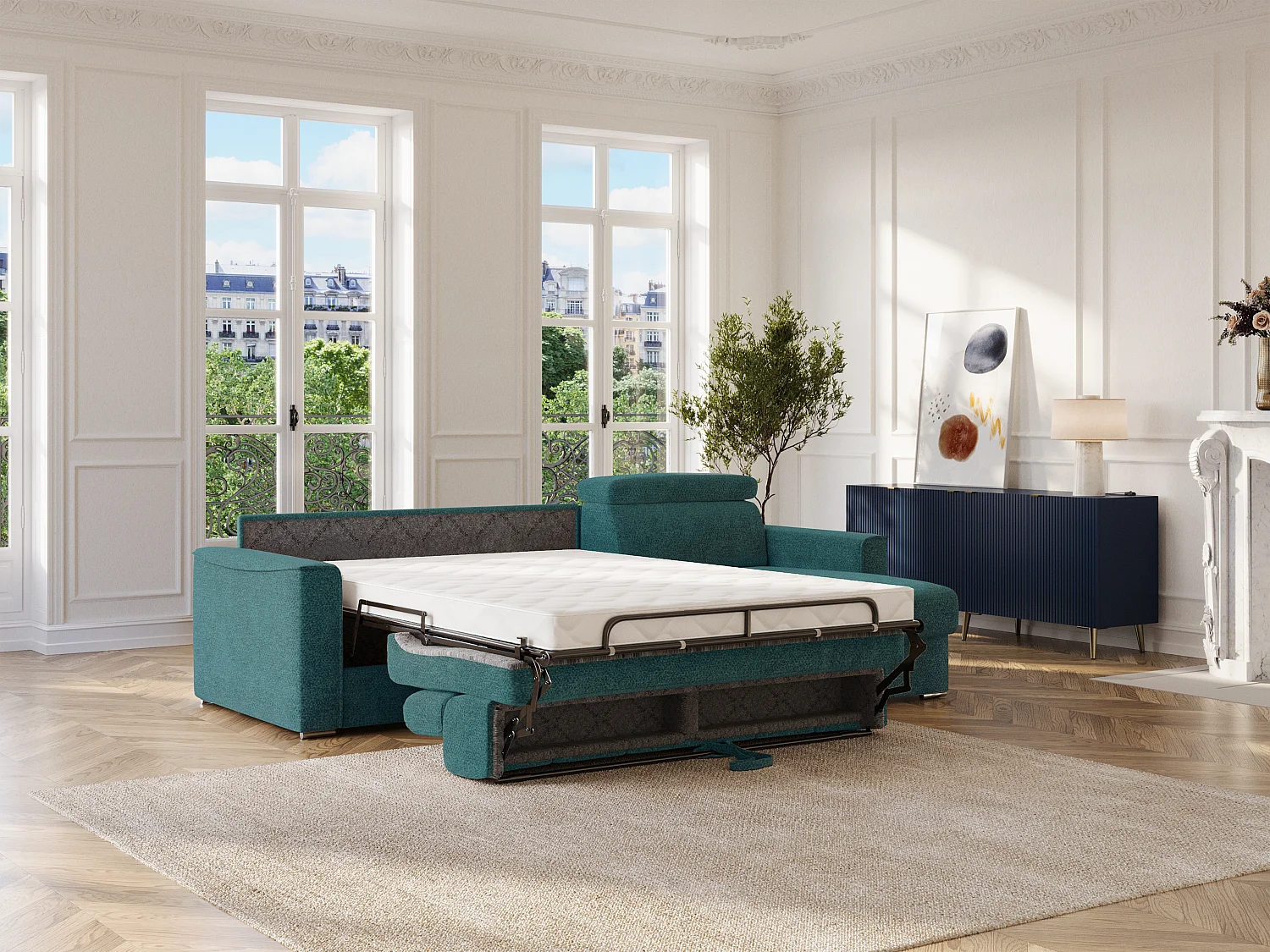 Canapé d'angle réversible convertible express en tissu chenille bleu canard - Couchage à lattes larges 160 cm - Matelas 14 cm VIZIR