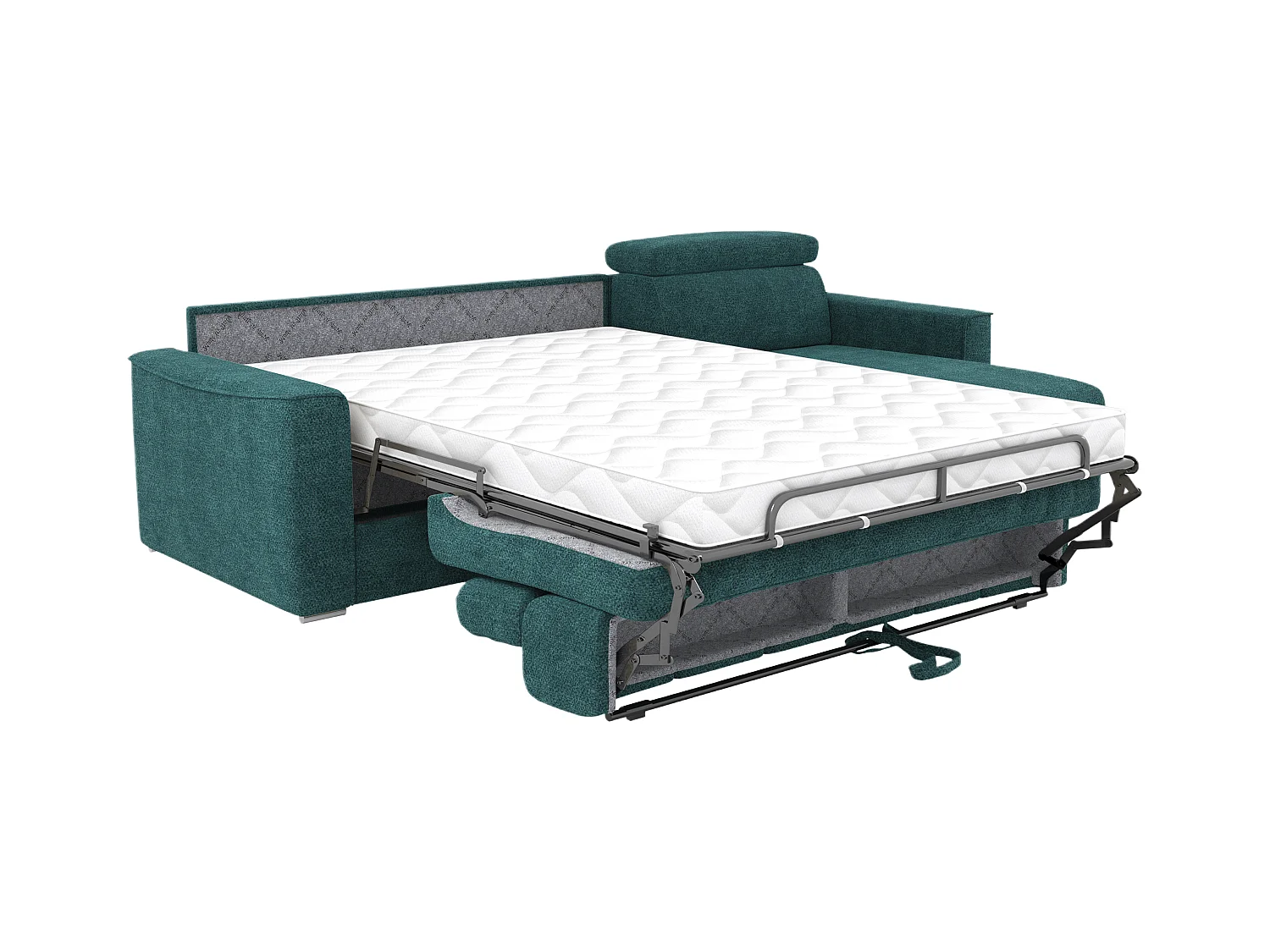 Canapé d'angle réversible convertible express en tissu chenille bleu canard - Couchage à lattes larges 160 cm - Matelas 14 cm VIZIR