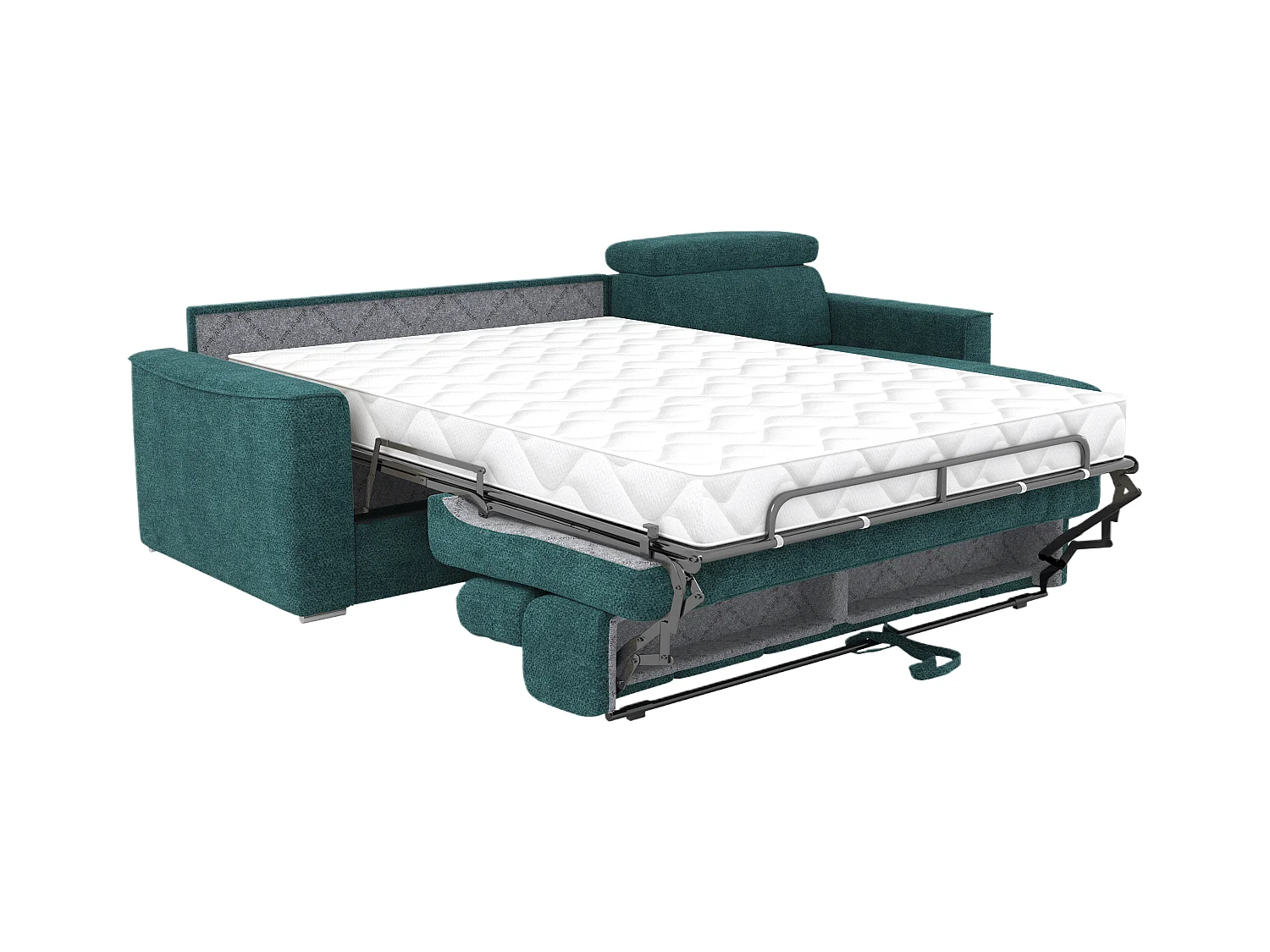 Canapé d'angle réversible convertible express en tissu chenille bleu canard - Couchage à lattes larges 160 cm - Matelas 22 cm mémoire de forme VIZIR