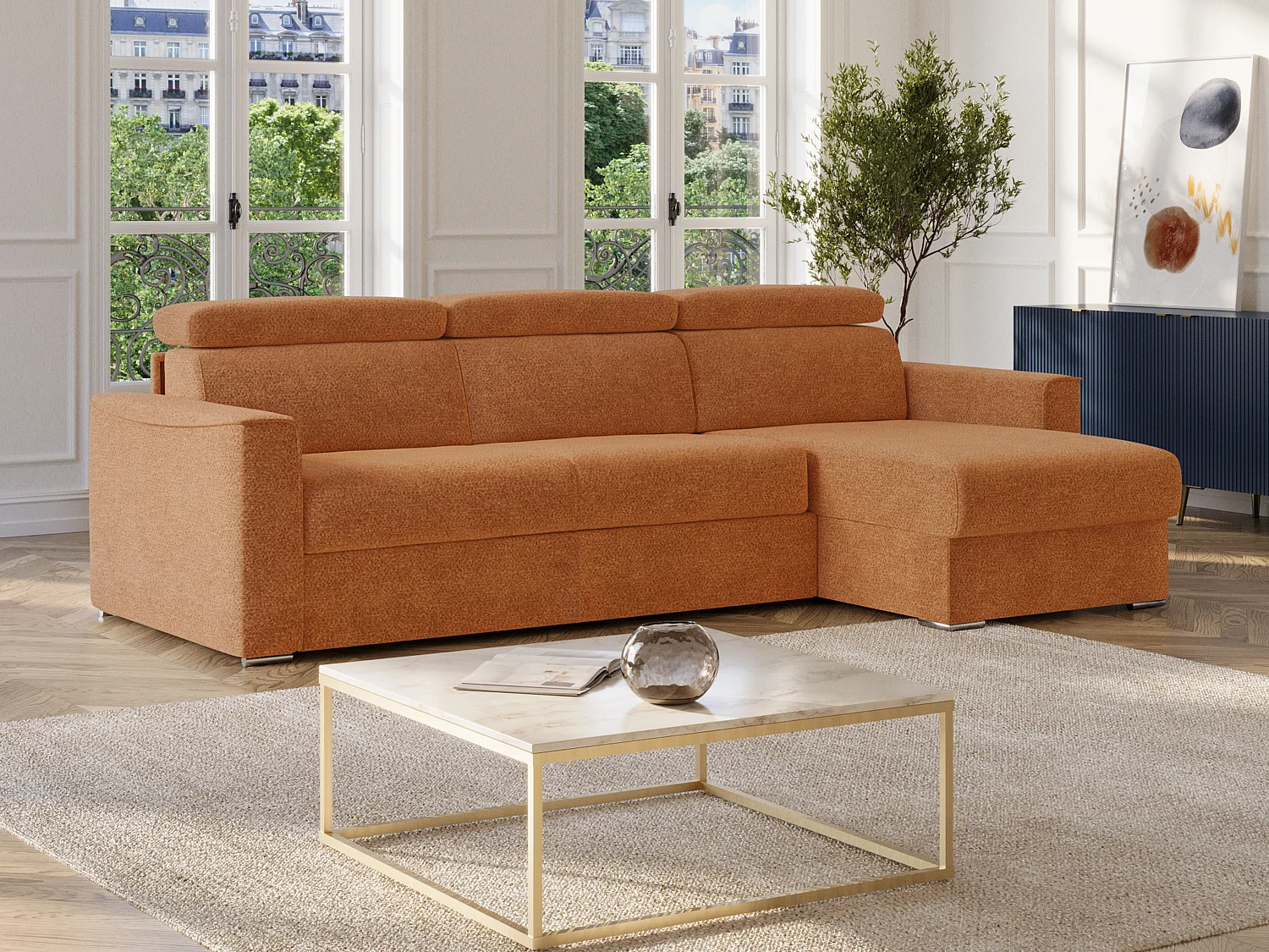 Canapé d'angle réversible convertible express en tissu chenille terracotta - Couchage 140 cm - Matelas 18 cm VIZIR