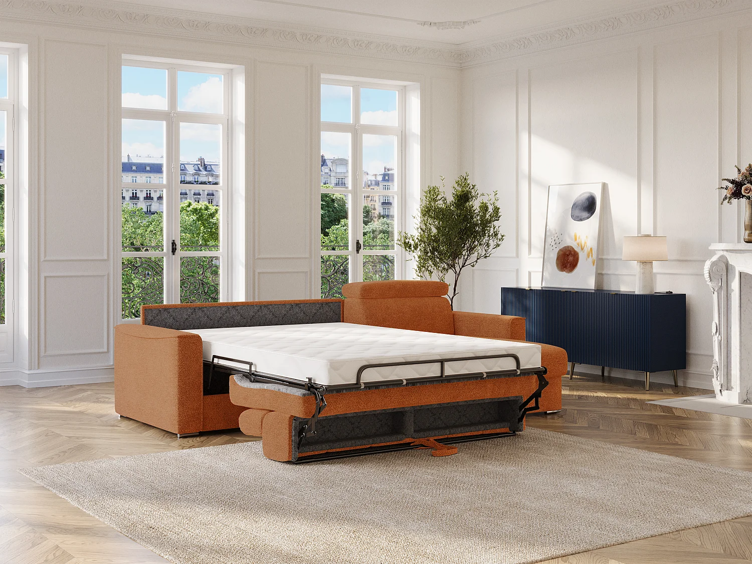 Vendbar hjørnesofa med ekspresudtræksfunktion i terracottafarvet chenillestof - Med bredlamelsbund 140 cm - 18 cm madras VIZIR