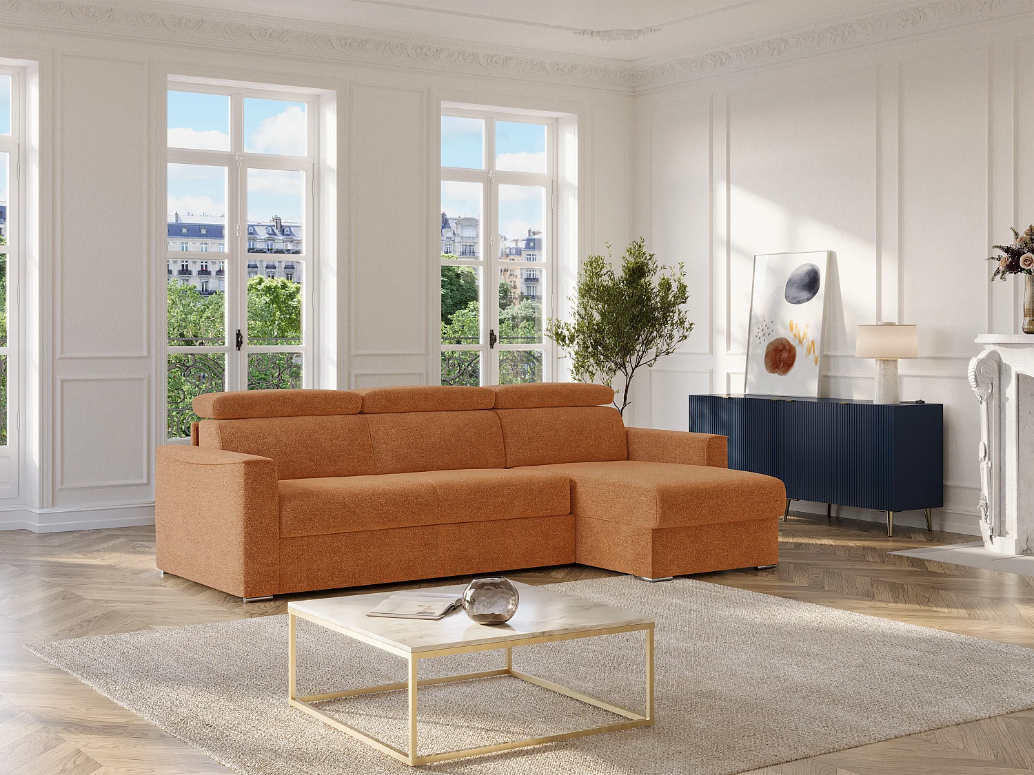 Kanapa narożna dwustronna rozkładana w tkaninie typu szenil w kolorze terrakota – Powierzchnia spania z szerokimi listwami 140 cm – Materac 22 cm z pianki memory VIZIR.