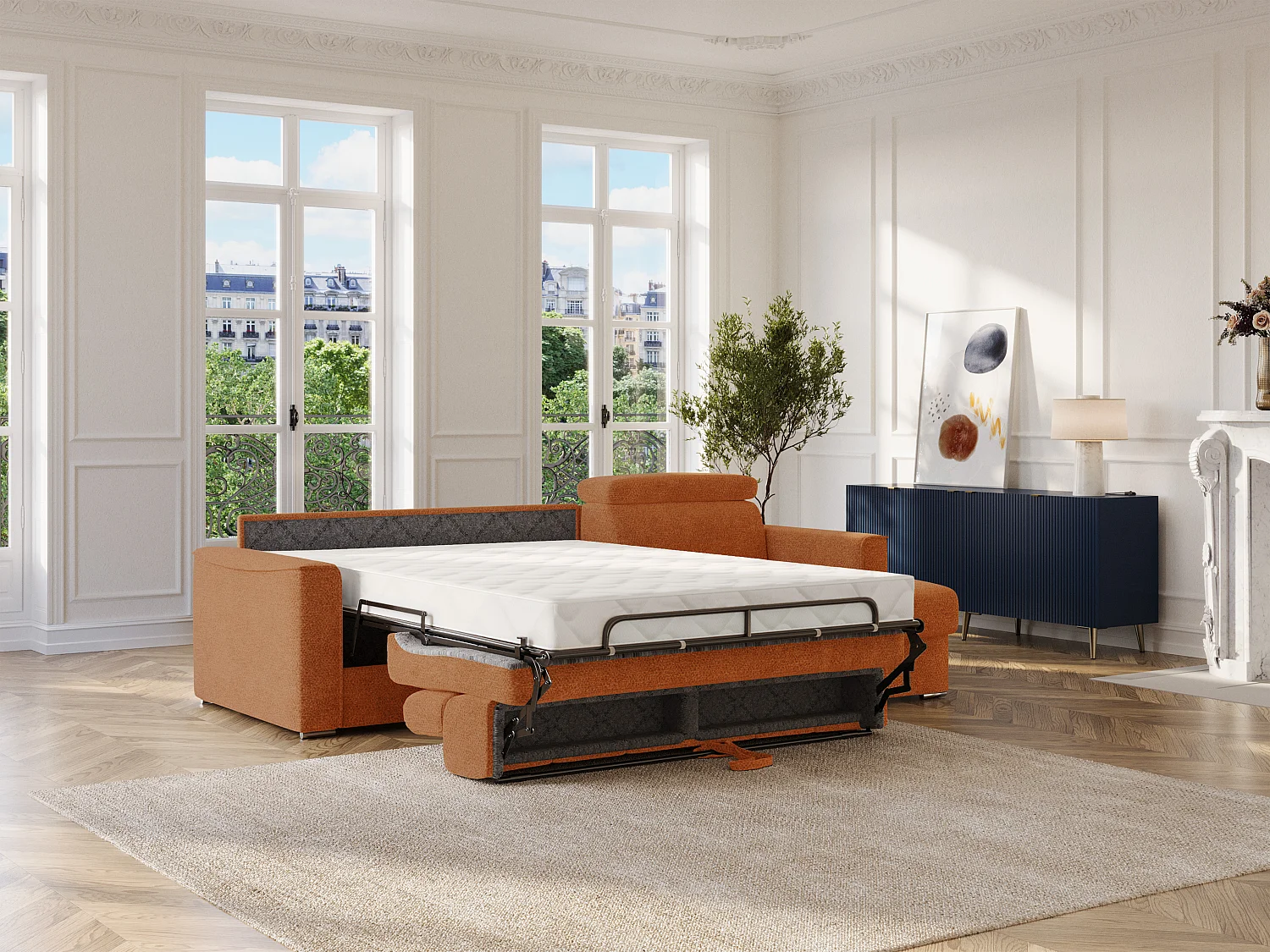 Canapé d'angle réversible convertible express en tissu chenille terracotta - Couchage à lattes larges 160 cm - Matelas 22 cm mémoire de forme VIZIR