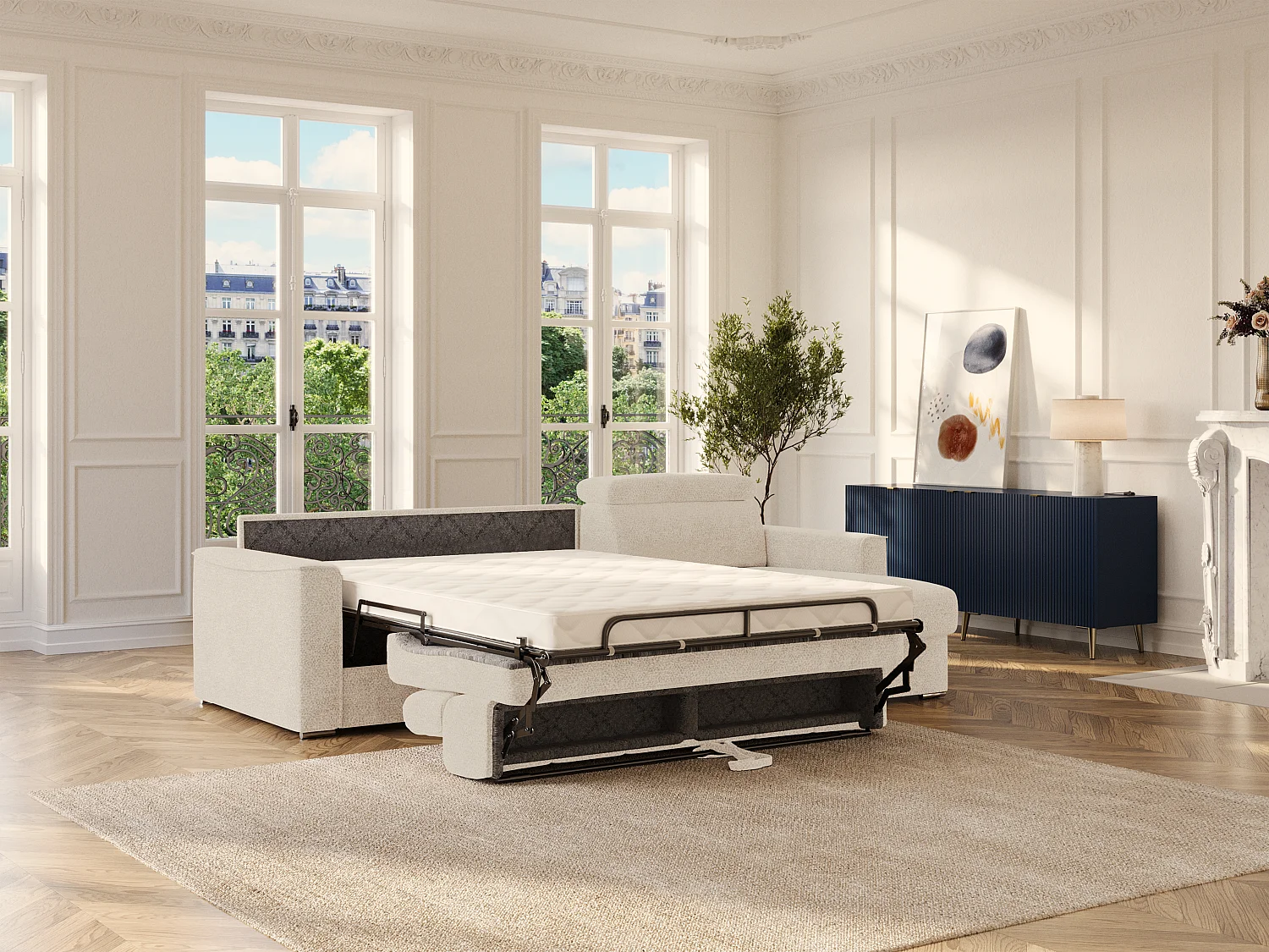 Ecksofa mit Matratze - Ecke wechselbar - Chenillestoff - Beige - Liegefläche mit Lattenrost mit breiten Latten 140 cm - Matratze 14 cm - VIZIR