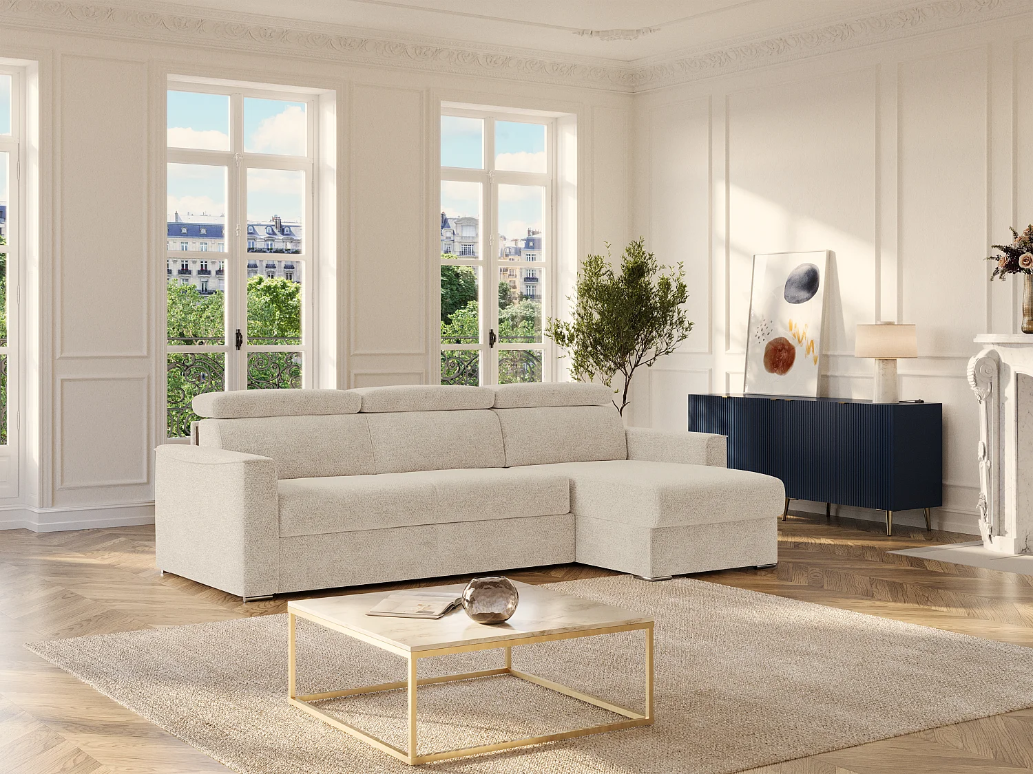 Omkeerbare express-hoekslaapbank in beige chenille stof - Bed 140 cm - Matras 22 cm met traagschuim VIZIR