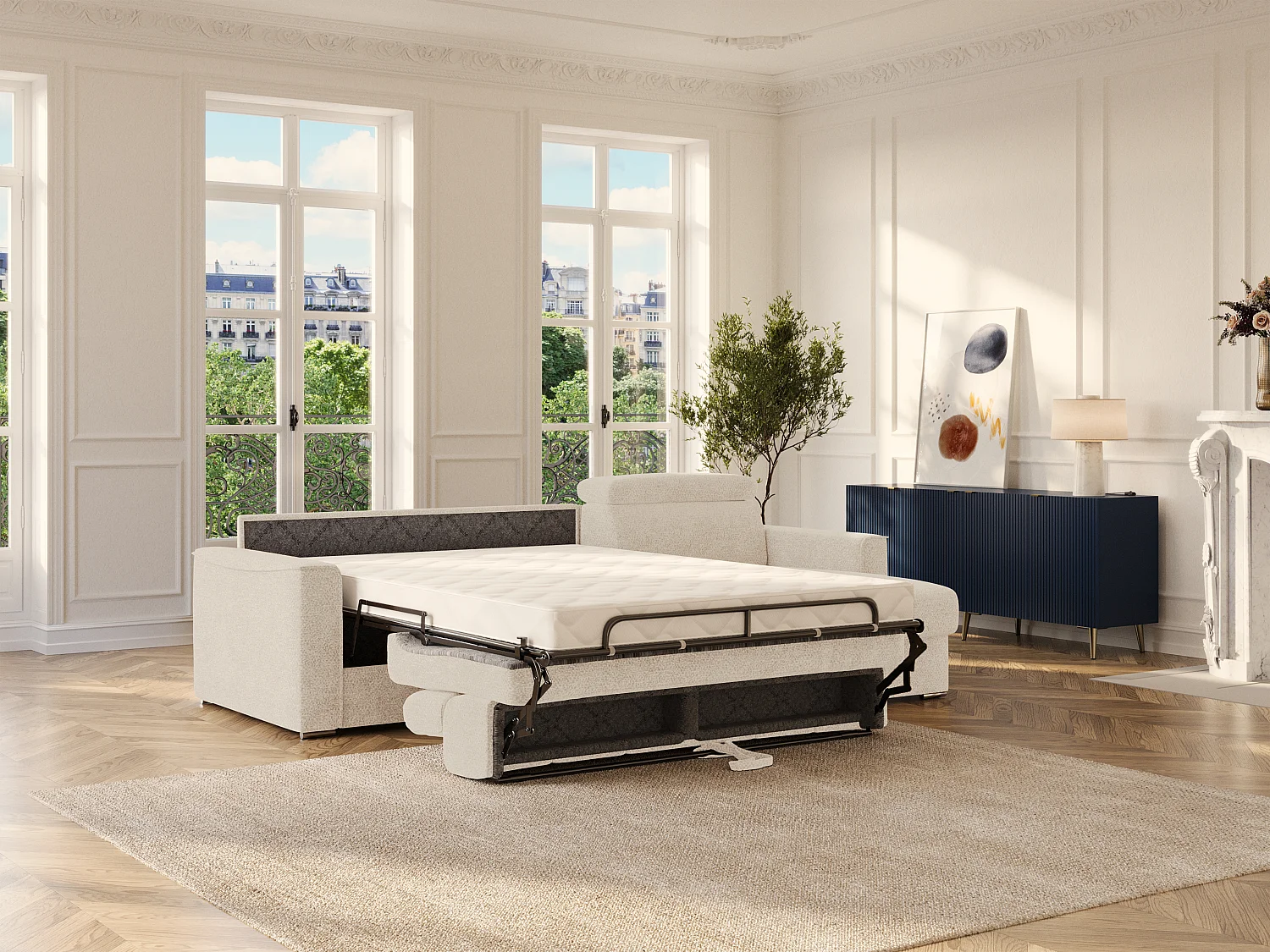 Canapé d'angle réversible convertible express en tissu chenille beige - Couchage à lattes larges 160 cm - Matelas 18 cm VIZIR