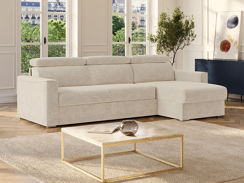 Omkeerbare express-hoekslaapbank in beige chenille stof - Bed 160 cm - Matras 22 cm traagschuim VIZIR