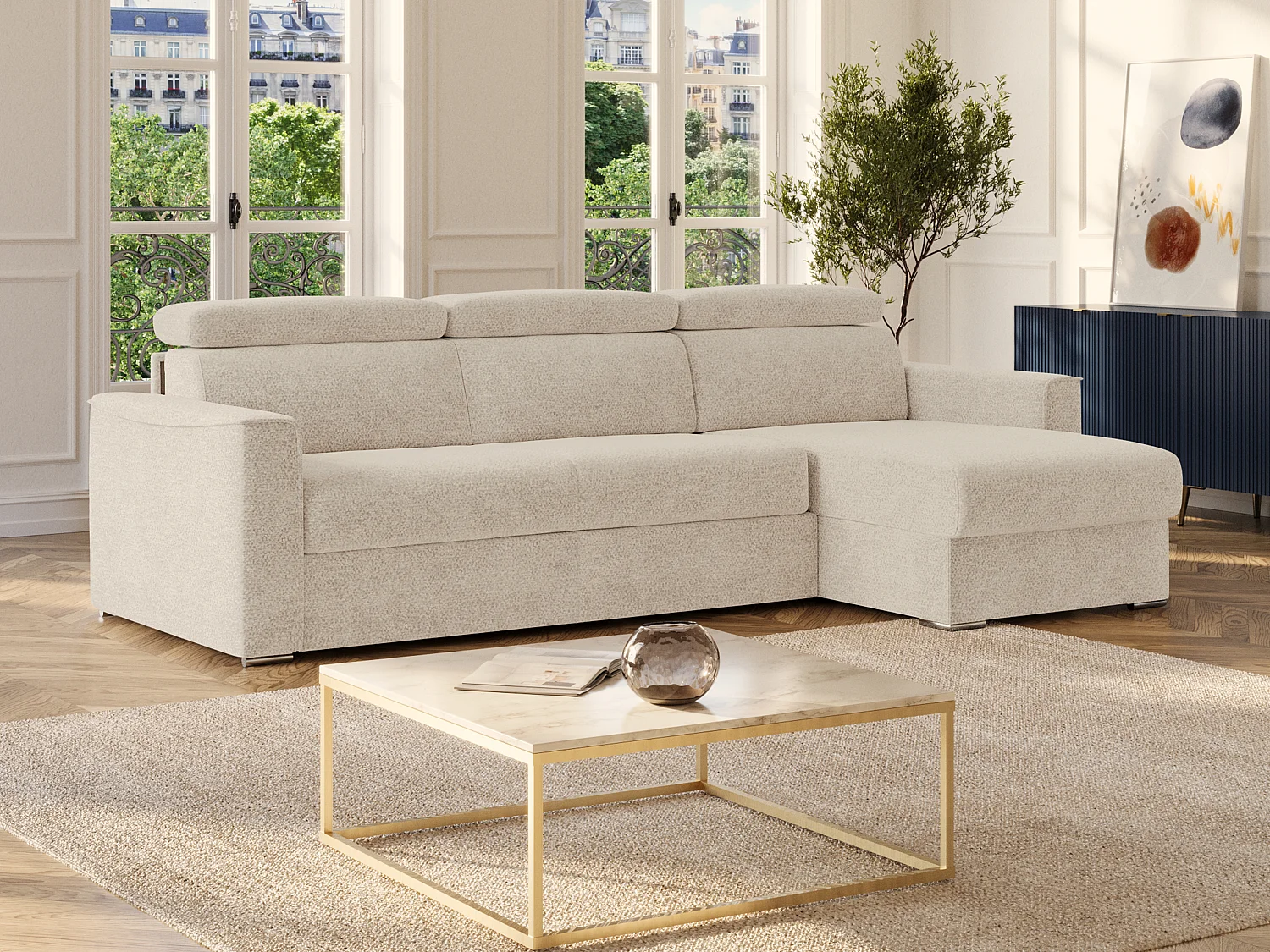 Canapé d'angle réversible convertible express en tissu chenille beige - Couchage à lattes larges 160 cm - Matelas 22 cm mémoire de forme VIZIR