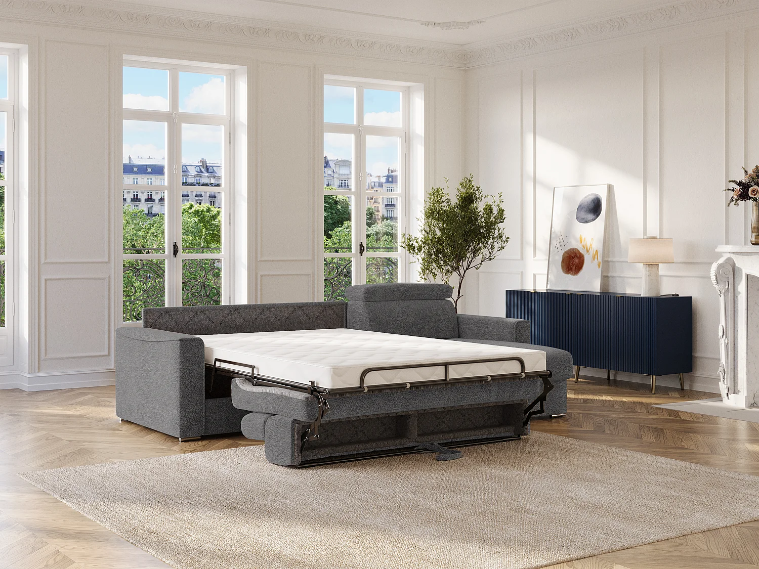 Canapé d'angle réversible convertible express en tissu chenille gris anthracite - Couchage 140 cm - Matelas 14 cm VIZIR