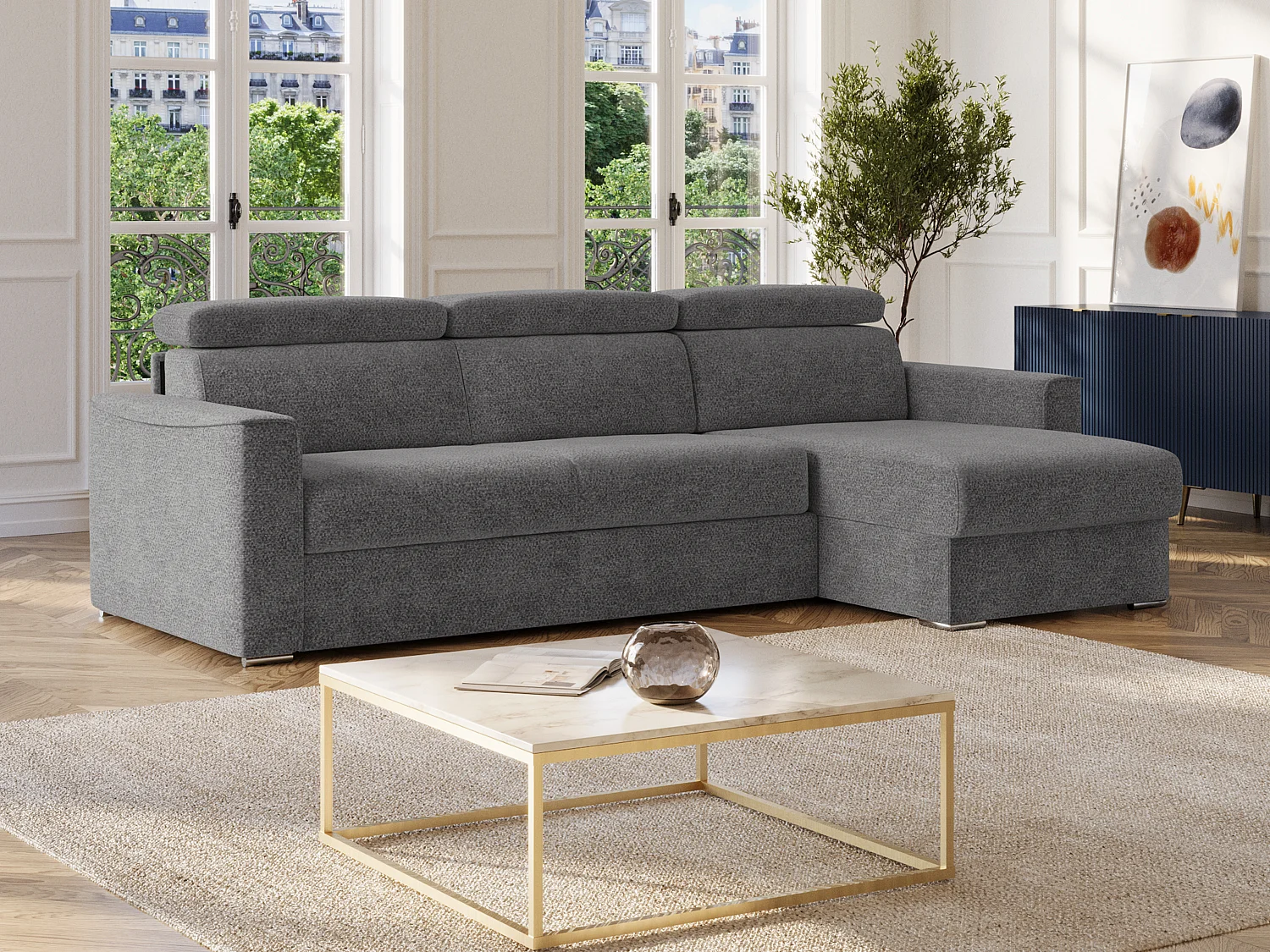 Canapé d'angle réversible convertible express en tissu chenille gris anthracite - Couchage 140 cm - Matelas 18 cm VIZIR