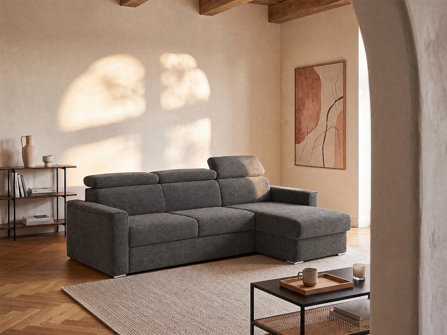 Canapé d'angle réversible convertible express en tissu chenille gris anthracite - Couchage 140 cm - Matelas 22 cm mémoire de forme VIZIR