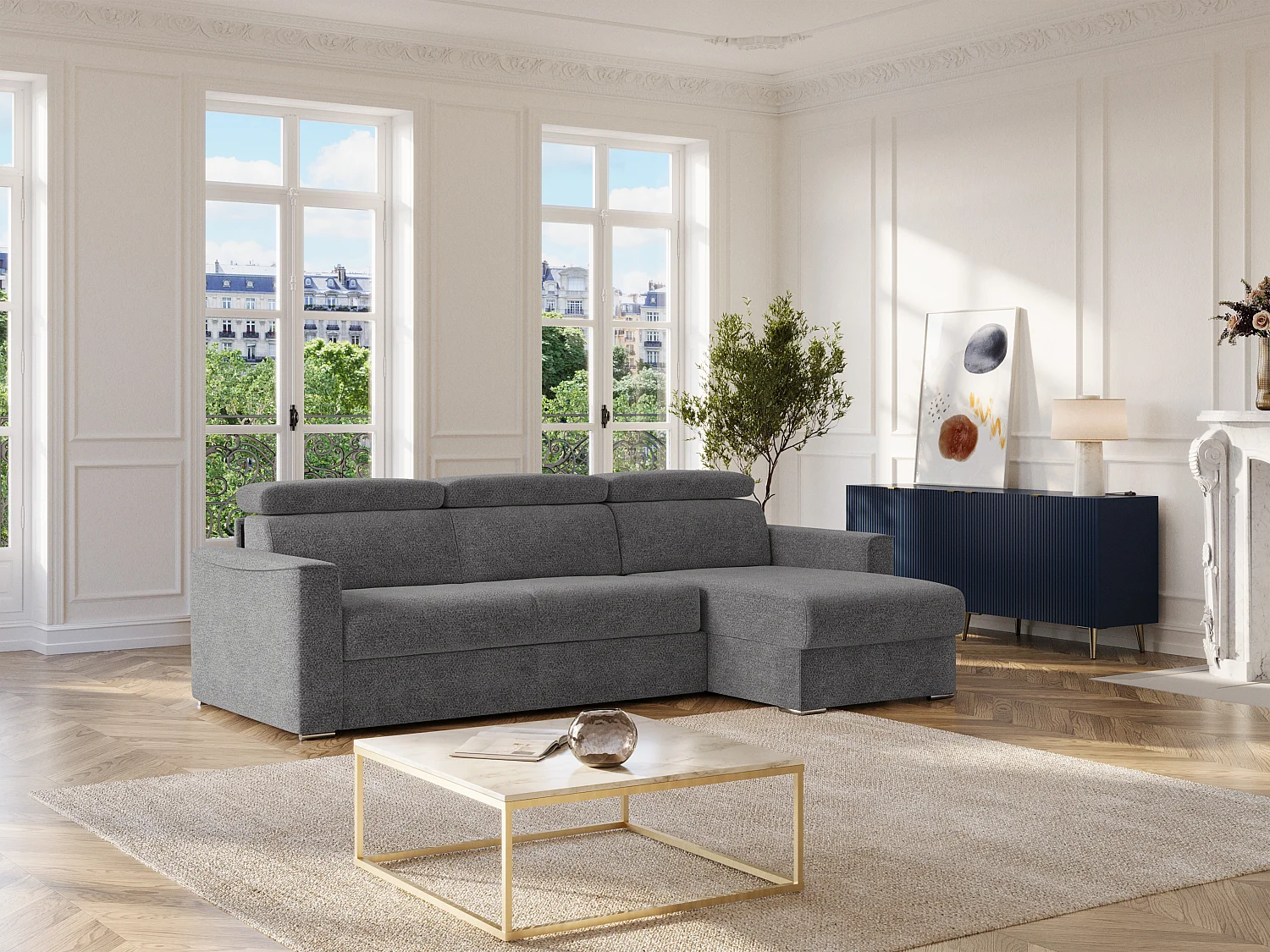 Omkeerbare express-hoekslaapbank in grijze chenille stof - Bed 160 cm - Matras 14 cm VIZIR