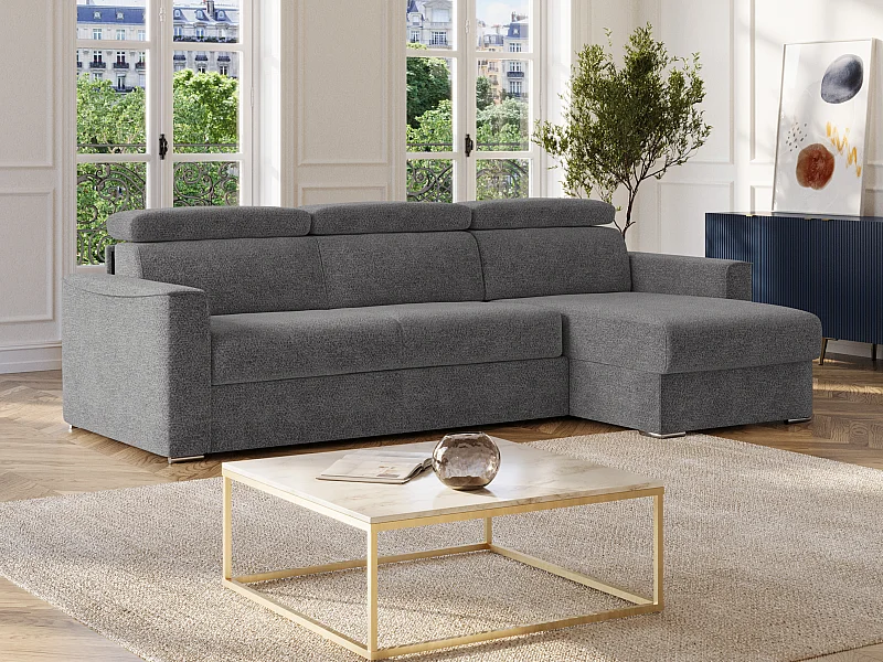 Ecksofa mit Matratze - Ecke wechselbar - Chenillestoff - Anthrazitgrau - Liegefläche 160 cm - Matratze 18 cm - VIZIR