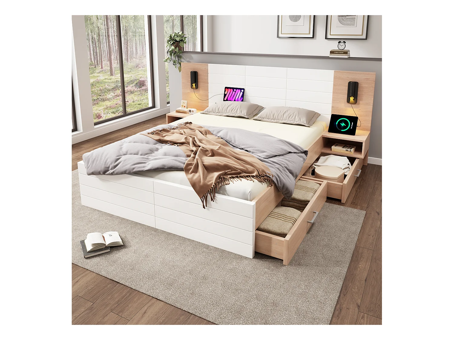 Lit double en bois 180×200cm avec 2 tiroirs, tête de lit avec lampe de lecture