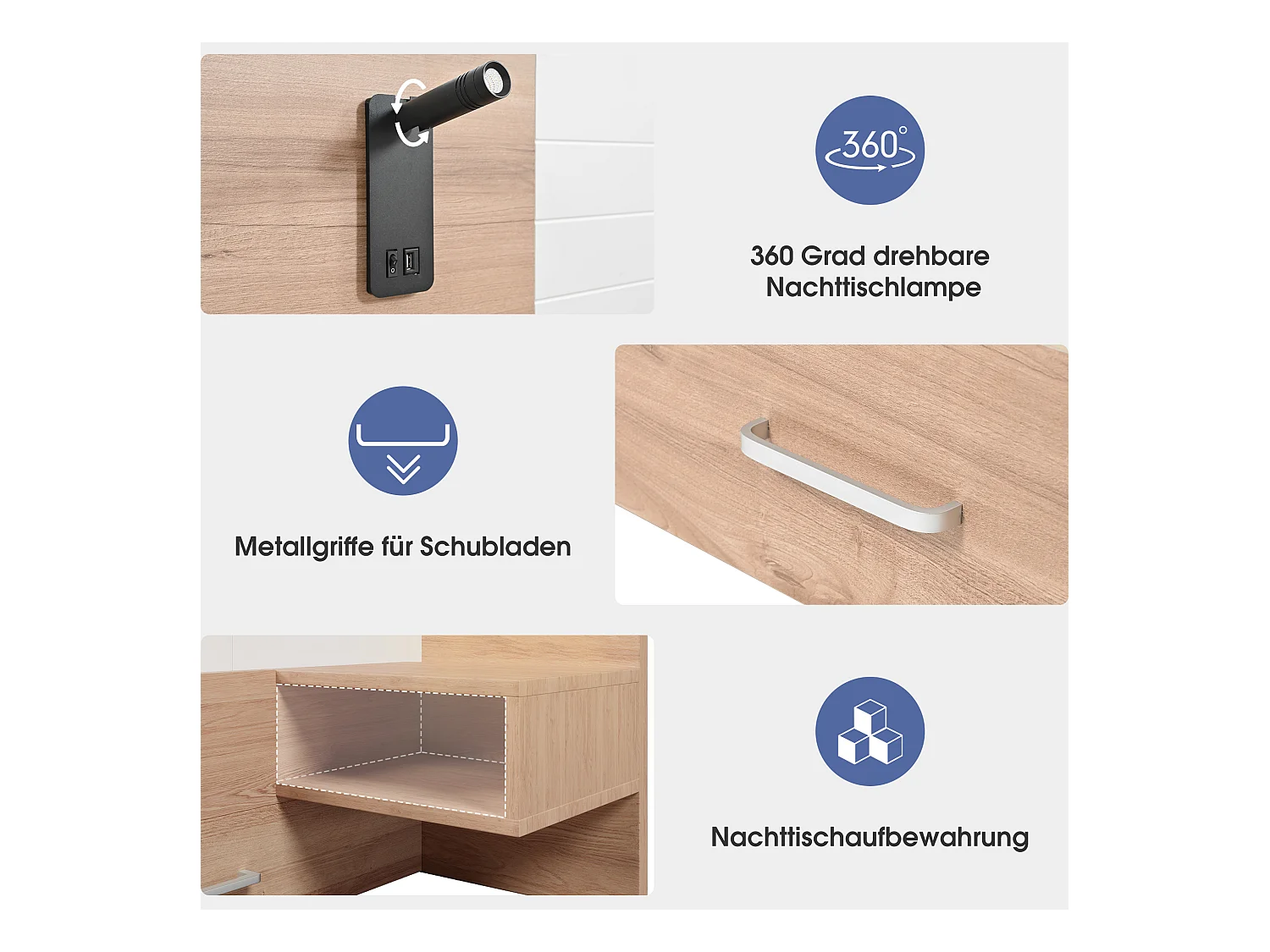 Holz-Doppelbett 180 x 200 cm mit 2 Schubladen, Kopfteil mit Leselampe
