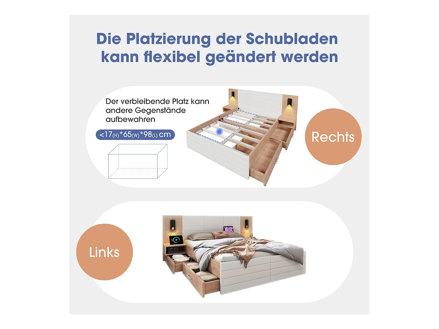Holz-Doppelbett 180 x 200 cm mit 2 Schubladen, Kopfteil mit Leselampe