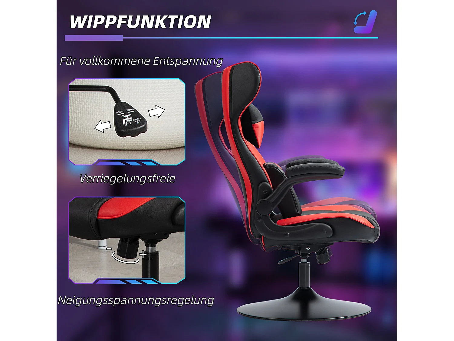 Gamestoel met schommelfunctie, verstelbare ergonomische stoel, met hoofdkussens