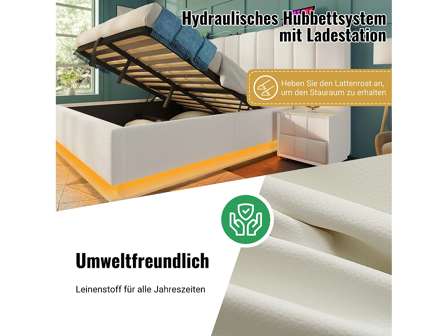 Gestoffeerd bed 180x200cm,tweepersoonsbed met LED-appbediening en USB Type-C-oplaadfunctie