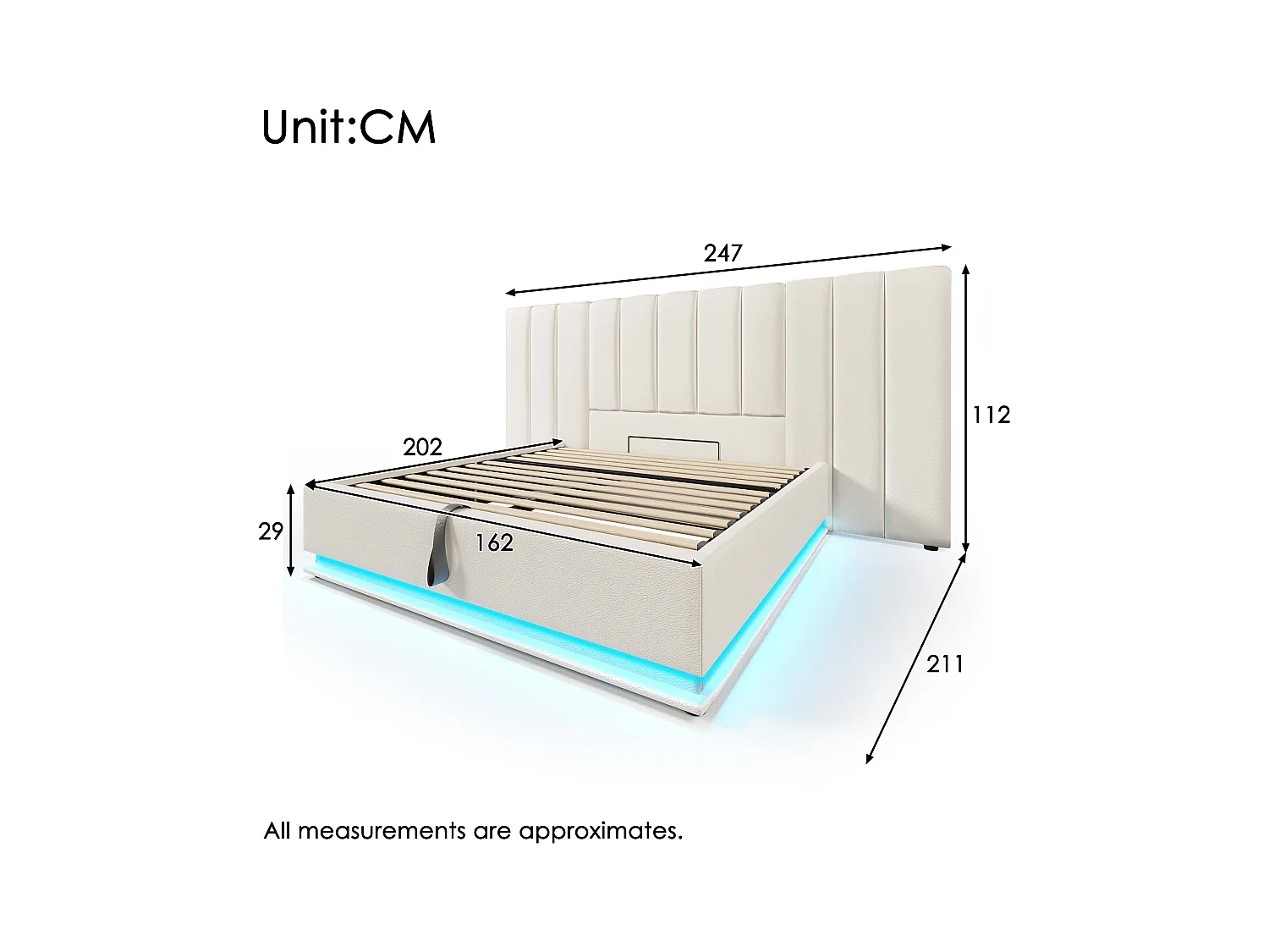 Polsterbett 160 x 200 cm, Doppelbett mit Stauraum, LED-Steuerung per App