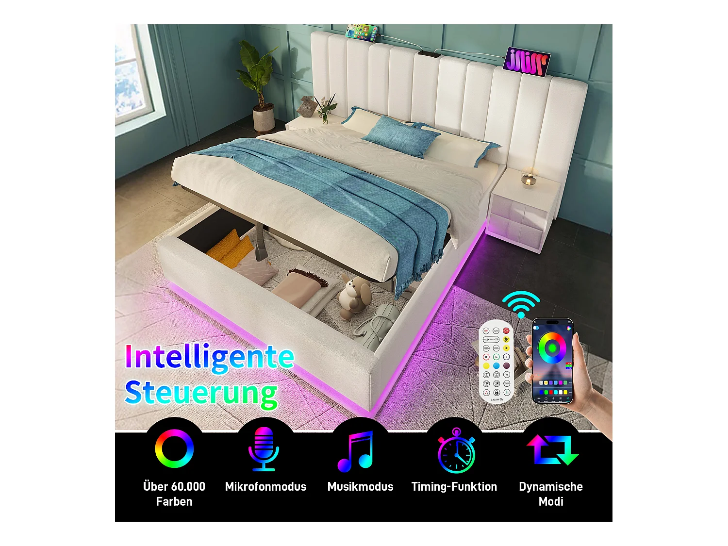 Polsterbett 160 x 200 cm, Doppelbett mit Stauraum, LED-Steuerung per App