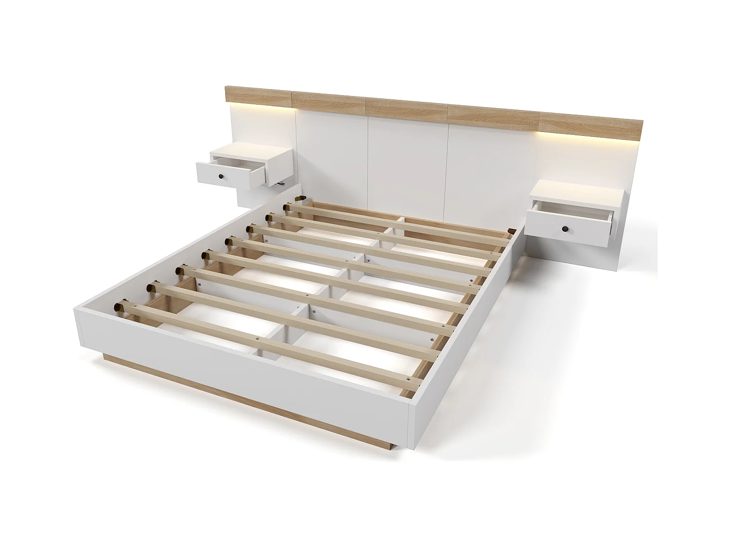 Doppelbett-Set mit 2 LED-Nachttischen und USB-C-Anschluss. Holzbett 180 x 200 cm.