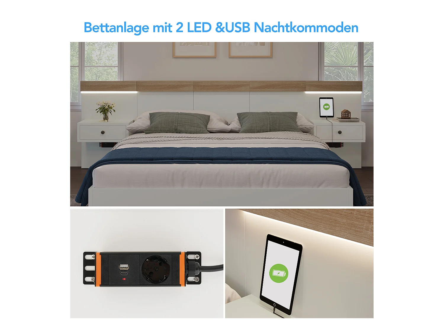 Doppelbett-Set mit 2 LED-Nachttischen und USB-C-Anschluss. Holzbett 180 x 200 cm.