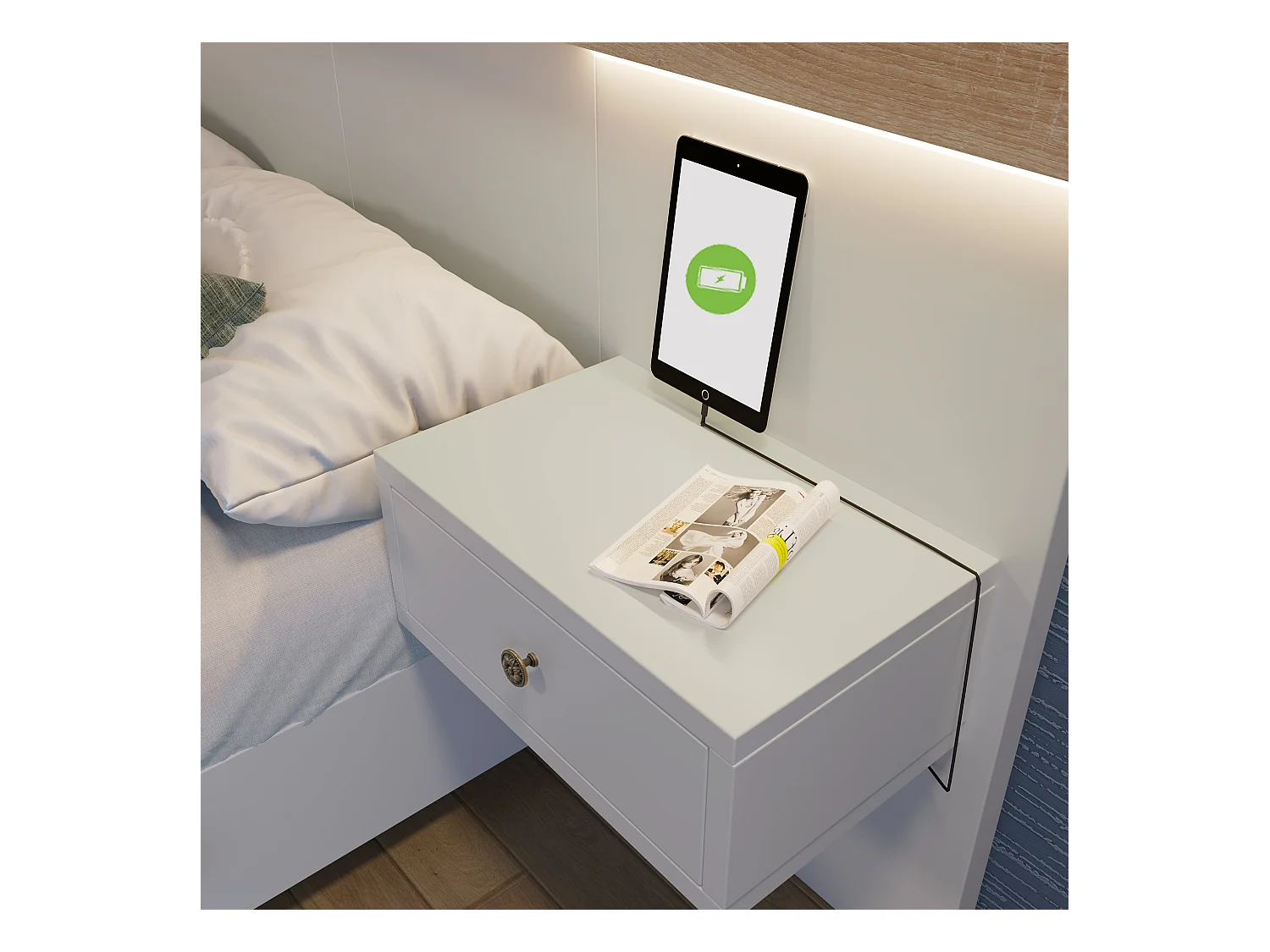 Doppelbett-Set mit 2 LED-Nachttischen und USB-C-Anschluss. Holzbett 180 x 200 cm.