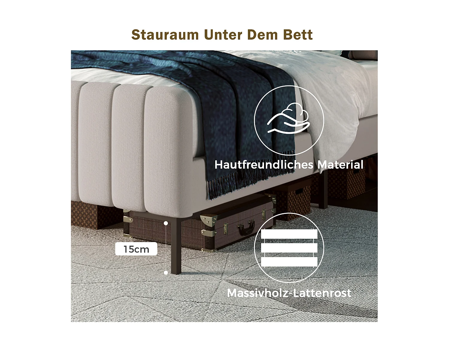 Gepolstertes Doppelbett, 160 x 200 cm, Bettrahmen mit Lattenrost und verstellbarem Kopfteil