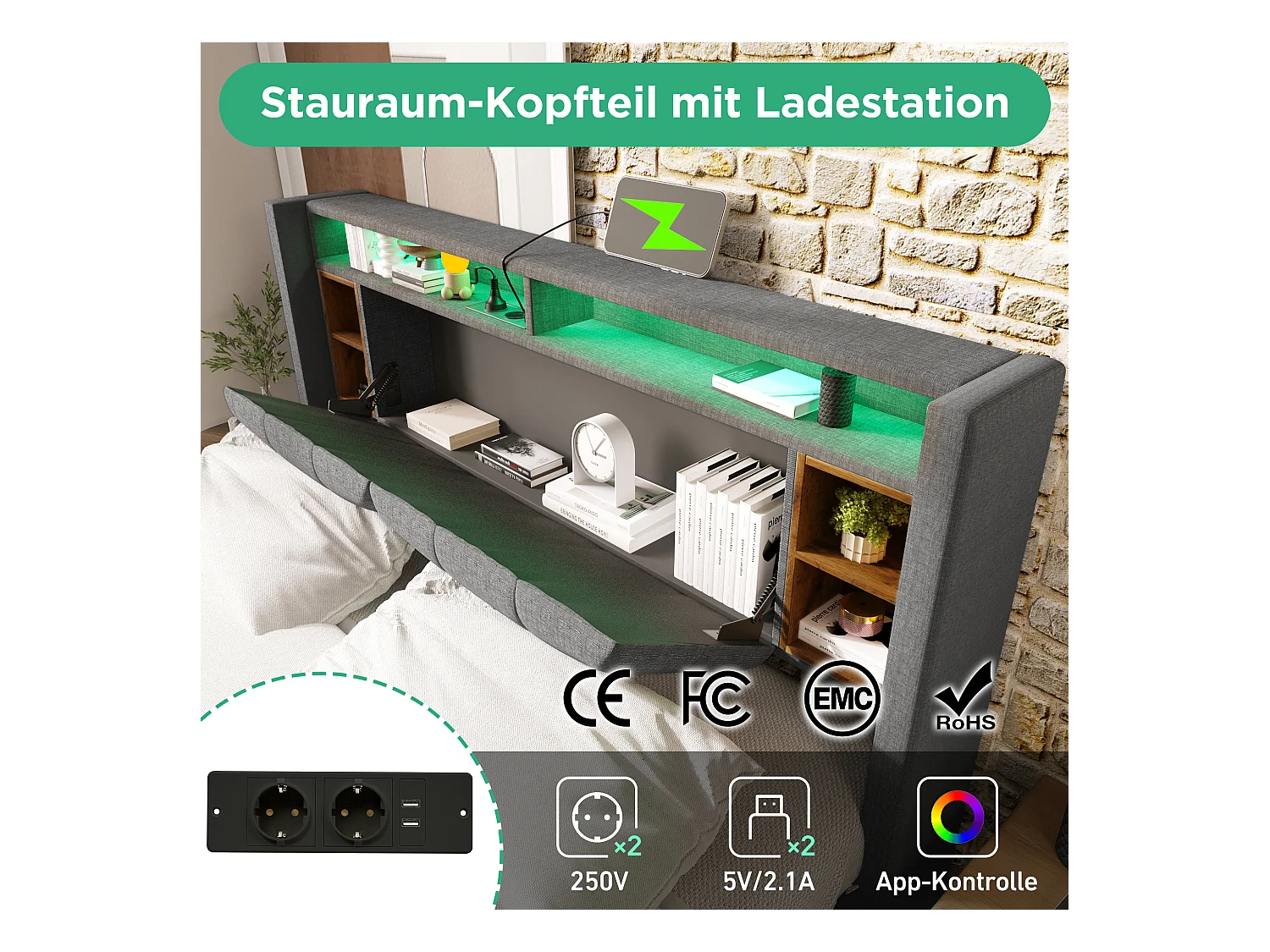 Gepolstertes Doppelbett mit Bettkasten, USB-Ladefunktion und LED-Beleuchtung, 140 x 200 cm, grau