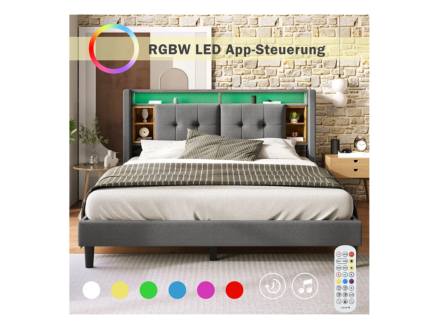 Gepolstertes Doppelbett mit Bettkasten, USB-Ladefunktion und LED-Beleuchtung, 140 x 200 cm, grau